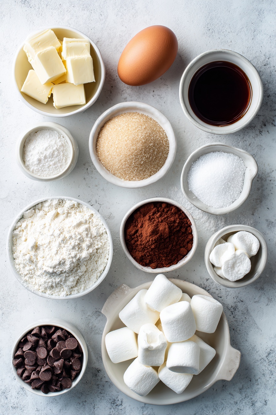 Hot Chocolate Cookies with Marshmallows, Hot Chocolate Cookies, Chocolate Marshmallow Cookies, Cocoa Cookies with Marshmallows, Warm Hug Cookies - Flat lay of a small pile of unsalted butter cubes, a mound of soft light brown sugar, a small heap of granulated sugar, one large whole uncracked brown egg, a small white ceramic bowl of pure vanilla extract, a small white ceramic bowl of unsweetened cocoa powder, a small white ceramic bowl of all purpose flour, a small white ceramic bowl of baking soda, a small white ceramic bowl of salt, a small white ceramic bowl of cornstarch, a small pile of semi-sweet chocolate chips, and several cut halves of fresh white marshmallows, all arranged symmetrically on a clean white marble surface, soft natural light, photo taken with an iPhone, professional food photography style, fresh ingredients, white ceramic bowls, no bottles, no duplicates, no utensils, no packaging --ar 2:3 --v 7 --p m7354615311229779997