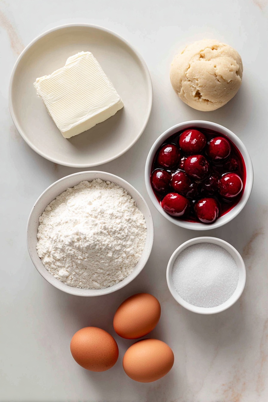 Cherry Cheesecake Cookies, Cherry Cheesecake Cookies recipe, cherry dessert cookies, easy cherry cheesecake cookies, cherry cheesecake cookie bars - Flat lay of a block of fresh cream cheese, a small mound of all-purpose flour on a white ceramic plate, a ball of pale beige refrigerated sugar cookie dough, a small white bowl filled with bright red cherry pie filling with whole cherries visible, a small white bowl containing granulated sugar crystals, two whole brown eggs with clean shells placed near the center, all arranged in perfect symmetry on a simple white ceramic surface, placed on a clean white marble surface, soft natural light, photo taken with an iPhone, professional food photography style, fresh ingredients, white ceramic bowls, no bottles, no duplicates, no utensils, no packaging --ar 2:3 --v 7 --p m7354615311229779997