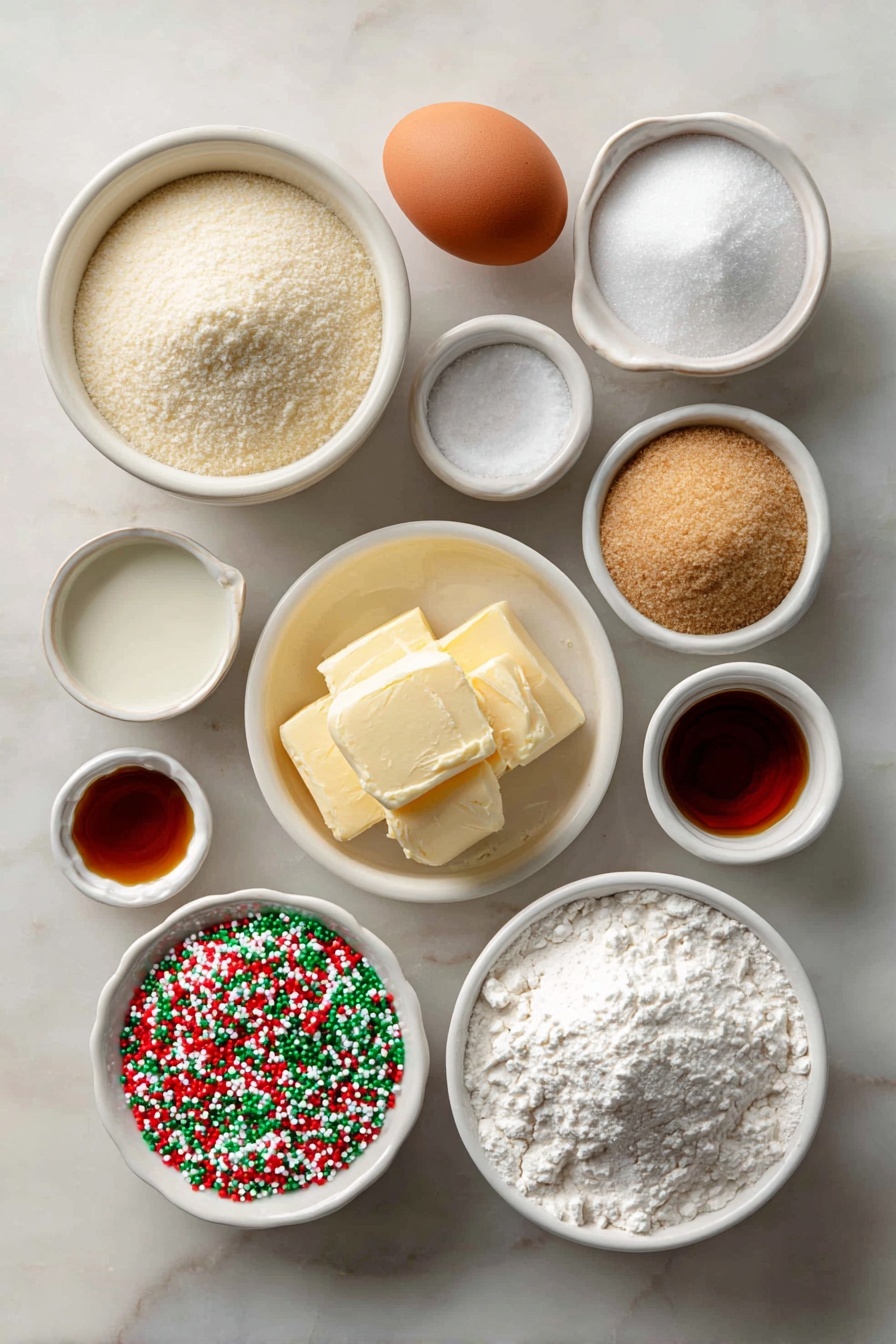 No-Roll Christmas Sprinkle Cookies, Christmas sprinkle cookies, easy holiday cookies, no-bake Christmas treats, festive holiday cookies - Flat lay of a small mound of unsalted butter, a small white ceramic bowl of granulated sugar, a small white ceramic bowl of packed light brown sugar, one large uncracked brown egg, a small white ceramic bowl of cream, a small white ceramic bowl of clear imitation vanilla extract, a small white ceramic bowl of all-purpose flour, a small white ceramic bowl of cornstarch, a small white ceramic bowl of baking soda, a small white ceramic bowl of salt, a small white ceramic bowl filled with red, green, and white jimmies sprinkles, all arranged symmetrically on a clean white marble surface, soft natural light, photo taken with an iPhone, professional food photography style, fresh ingredients, white ceramic bowls, no bottles, no duplicates, no utensils, no packaging --ar 2:3 --v 7 --p m7354615311229779997