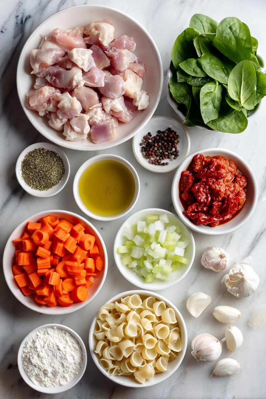 Creamy Tuscan Chicken Soup, Tuscan chicken soup, creamy chicken soup, hearty Tuscan soup, flavorful chicken soup - Flat lay of a small white ceramic bowl of golden olive oil, a pile of fresh boneless, skinless chicken thighs cut into chunks, a small white bowl filled with mixed Italian seasoning herbs, a small mound of coarse sea salt, a small heap of black peppercorns, a simple white plate with diced bright orange carrots, diced pale green celery sticks, diced white onions, and diced deep red sundried tomatoes arranged neatly, three whole uncracked garlic cloves with clean white skins, a small white bowl containing fine white flour, a small white bowl with rich red tomato paste, a simple white bowl showing golden chicken broth, a small white dish heaped with uncooked Italian small shell pasta, a small white bowl of thick heavy whipping cream, a white plate sprinkled with grated parmesan reggiano cheese, and a handful of vibrant fresh green spinach leaves, all placed on a clean white marble surface, soft natural light, photo taken with an iPhone, professional food photography style, fresh ingredients, white ceramic bowls, no bottles, no duplicates, no utensils, no packaging --ar 2:3 --v 7 --p m7354615311229779997