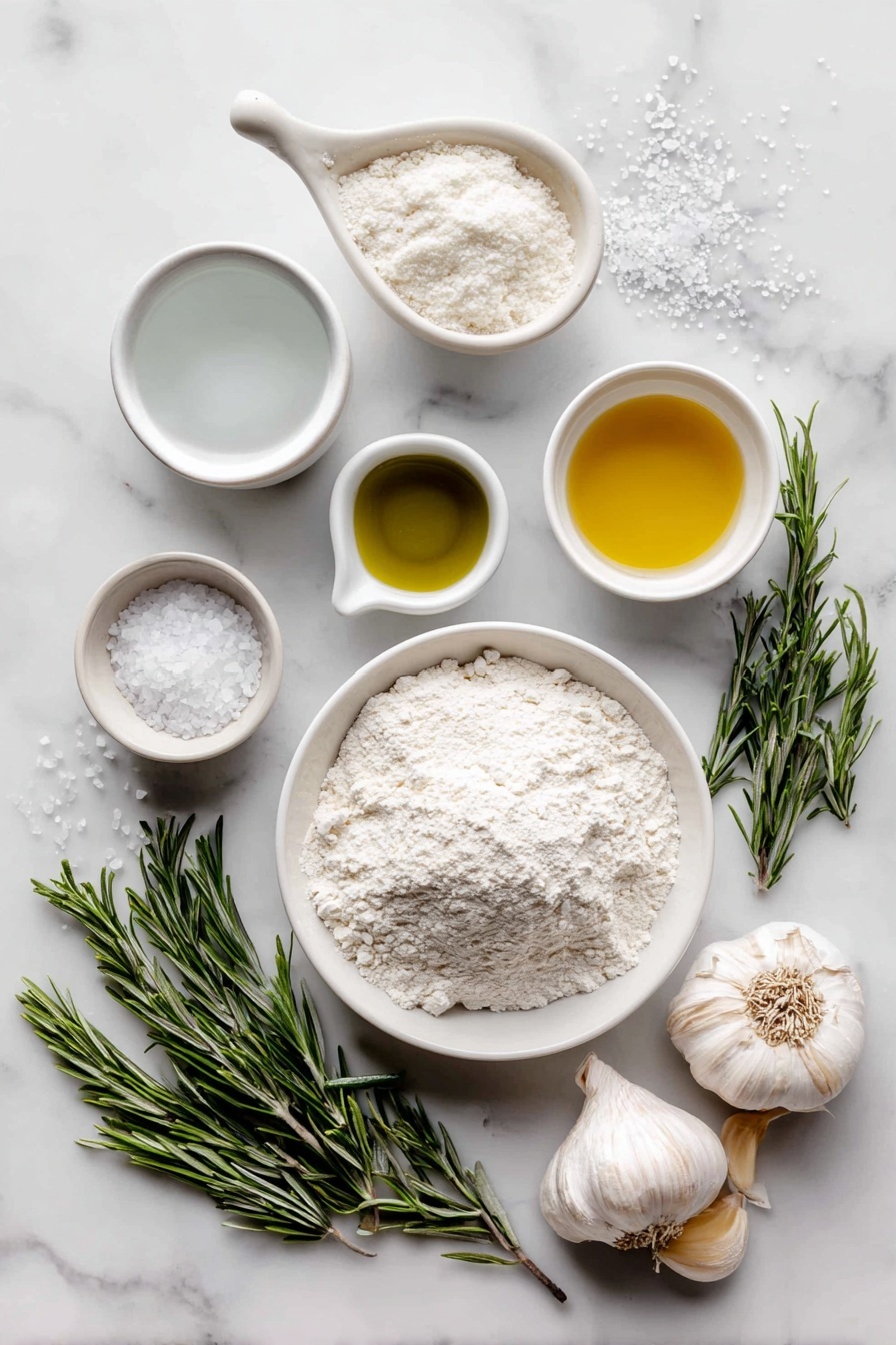 Garlic Rosemary Focaccia Bread, homemade focaccia bread recipe, garlic rosemary bread, easy focaccia recipe, crispy garlic rosemary bread - Flat lay of a small white ceramic bowl of warm water, a few granulated sugar crystals beside it, a small white ceramic bowl with instant yeast granules, a mound of all-purpose flour on a simple white plate, two teaspoons of salt in a small white bowl, a small white ceramic bowl containing golden olive oil, three fresh rosemary sprigs with vibrant green needles, two whole uncracked garlic bulbs with several peeled cloves arranged nearby, and some coarse salt sprinkled artfully on the surface, all arranged in perfect symmetry and balanced proportions on a clean white marble surface, soft natural light, photo taken with an iPhone, professional food photography style, fresh ingredients, white ceramic bowls, no bottles, no duplicates, no utensils, no packaging --ar 2:3 --v 7 --p m7354615311229779997