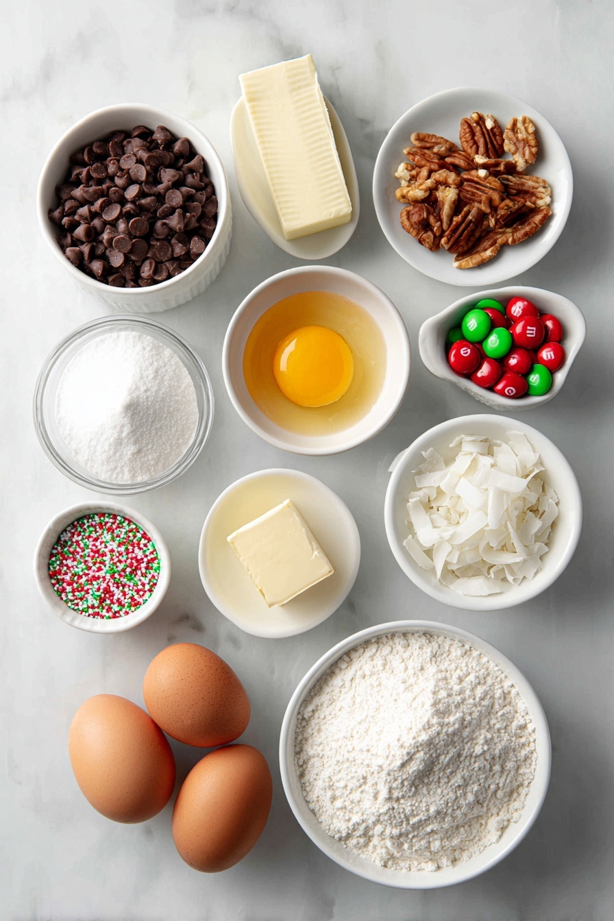 Christmas Layer Brownie Bars, festive brownie bars, holiday brownie dessert, layered brownie recipe, Christmas dessert ideas - Flat lay of a small mound of semi-sweet chocolate chips, a stick of salted butter with a smooth surface, two large brown eggs with clean shells, one large egg yolk in a small white ceramic bowl, a small white bowl filled with granulated sugar, a small white bowl holding all-purpose flour, a small white bowl of vanilla extract, a small white bowl with sweetened condensed milk, a handful of mixed nuts scattered naturally, a small heap of sweetened flaked coconut, a small pile of mini red, green, and white holiday M&Ms, a small pile of regular-sized red, green, and white holiday M&Ms, and a small white bowl with colorful holiday sprinkles, all arranged symmetrically on a clean white marble surface, soft natural light, photo taken with an iPhone, professional food photography style, fresh ingredients, white ceramic bowls, no bottles, no duplicates, no utensils, no packaging --ar 2:3 --v 7 --p m7354615311229779997