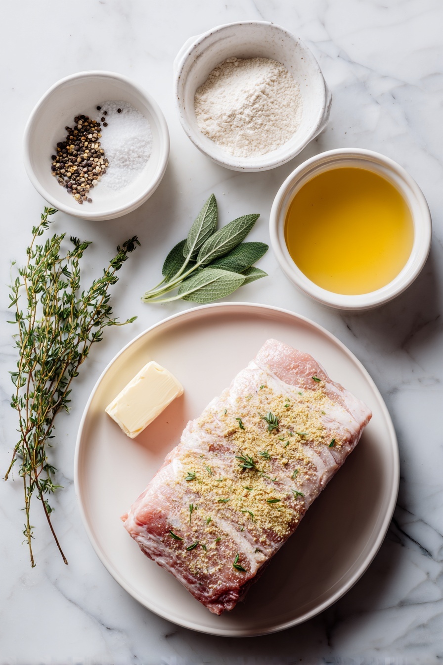 Crock Pot Pork Roast with Easy Gravy, slow cooker pork loin, tender pork roast recipe, easy dinner recipes, hearty pork meal - Flat lay of a fresh whole pork loin roast with a light layer of poultry seasoning, small piles of coarse salt and cracked black peppercorns, a few fresh sprigs of sage and thyme beside a pat of creamy butter on a simple white ceramic plate, a small white bowl of pale all-purpose flour, and a small white bowl filled with golden slow cooker juices blended with light chicken broth, all arranged in perfect symmetry and natural proportions, placed on a clean white marble surface, soft natural light, photo taken with an iPhone, professional food photography style, fresh ingredients, white ceramic bowls, no bottles, no duplicates, no utensils, no packaging --ar 2:3 --v 7 --p m7354615311229779997