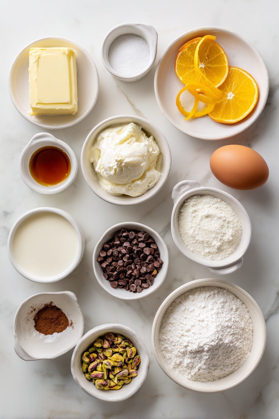 Cannoli Cookies with Pistachios and Chocolate, pistachio cannoli cookies, ricotta cookies with chocolate, easy cannoli-inspired cookies, homemade pistachio chocolate cookies - Flat lay of a half cup of salted butter softened into a smooth block, a half cup of granulated sugar in a small white ceramic bowl, one whole large brown egg with clean shell, a half cup of whole milk ricotta cheese in a small white ceramic bowl, a small white bowl of pure vanilla extract, a small white bowl containing ground cinnamon, a small white bowl of ground nutmeg, fresh orange zest curled delicately on a white ceramic plate, a small mound of all-purpose flour on a white plate, a small white bowl with baking soda powder, a small white bowl with baking powder, a small white bowl filled with roughly chopped pistachios, a small white bowl of mini dark chocolate chips, all arranged with perfect symmetry in realistic proportions, placed on a clean white marble surface, soft natural light, photo taken with an iPhone, professional food photography style, fresh ingredients, white ceramic bowls, no bottles, no duplicates, no utensils, no packaging --ar 2:3 --v 7 --p m7354615311229779997