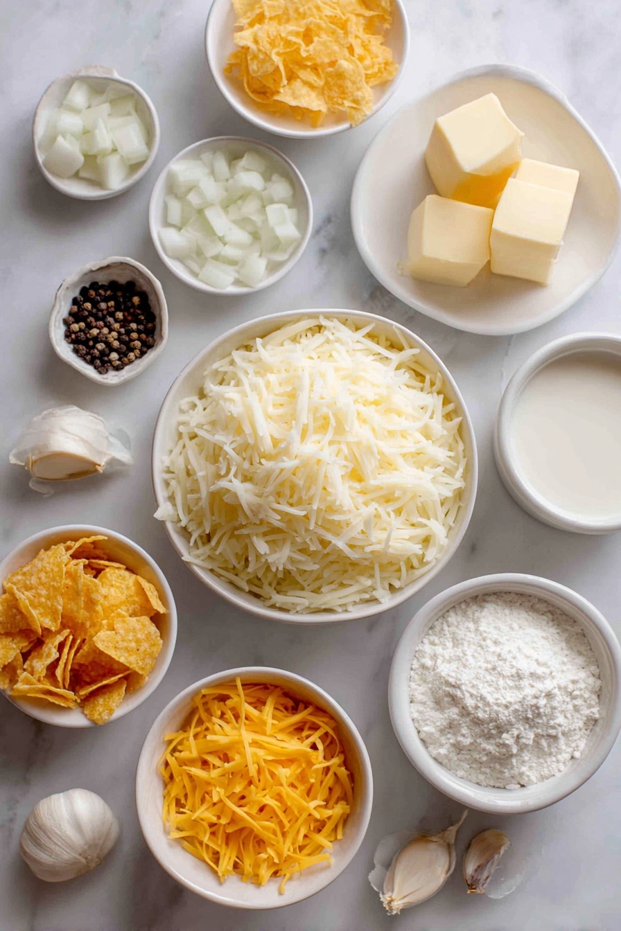 Cheesy Hashbrown Casserole, cheesy hashbrown side dish, cheesy casserole recipe, crispy cheesy potato bake, comfort food hashbrown - Flat lay of frozen shredded hashbrown potatoes in a simple white ceramic bowl, a small white bowl with diced fresh onion, a few cubes of unsalted butter placed neatly on a white dish, a small white bowl of all-purpose flour, a small white bowl filled with milk, a white bowl with freshly grated sharp cheddar cheese, a white bowl holding sour cream, a white bowl of golden corn flakes, a small white bowl with a pile of shredded cheddar cheese, scattered whole black peppercorns and garlic cloves nearby arranged symmetrically, all ingredients fresh and natural, placed on a clean white marble surface, soft natural light, photo taken with an iPhone, professional food photography style, fresh ingredients, white ceramic bowls, no bottles, no duplicates, no utensils, no packaging --ar 2:3 --v 7 --p m7354615311229779997