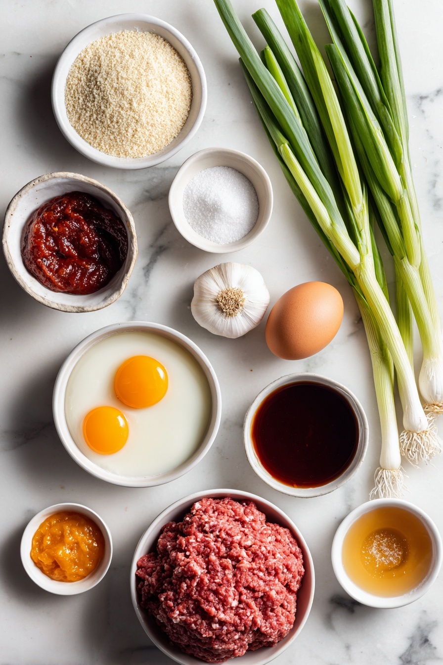 Korean Gochujang Meatballs, spicy meatball recipe, Korean-inspired meatballs, easy Asian meatballs, flavorful sweet-spicy meatballs - Flat lay of thinly sliced green onions neatly arranged, two whole garlic cloves with papery skin intact, one whole uncracked brown egg, a small white ceramic bowl filled with panko breadcrumbs, a small white bowl containing vibrant red gochujang Korean chili paste, fresh ginger root with rough skin partially peeled, a small white bowl with coarse kosher salt, a small white bowl with ground white pepper, a mound of fresh ground beef, a small white bowl holding golden canola oil, a small white bowl filled with bright orange apricot preserves, a small white bowl with clear rice vinegar, a small white bowl with dark soy sauce, a small white bowl of toasted sesame seeds, all arranged in perfect symmetry on a simple white ceramic background placed on a clean white marble surface, soft natural light, photo taken with an iPhone, professional food photography style, fresh ingredients, white ceramic bowls, no bottles, no duplicates, no utensils, no packaging --ar 2:3 --v 7 --p m7354615311229779997