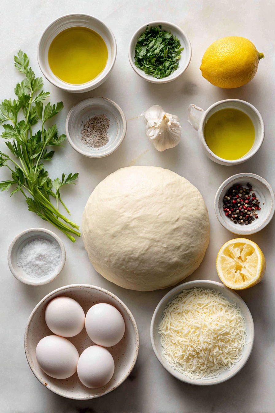 Lemon Pizza with Fresh Mozzarella, lemon pizza recipe, fresh mozzarella pizza, zesty lemon pizza, easy lemon mozzarella pizza - Flat lay of a smooth, round ball of fresh pizza dough, a small white ceramic bowl of extra virgin olive oil, a small white ceramic bowl of clear water, a few bright green sprigs of chopped fresh parsley, one small garlic clove with its papery skin removed, a whole fresh lemon with a wedge cut to show juicy zest, a small white ceramic bowl holding fine salt, a small white ceramic bowl containing whole black peppercorns, a ball of fresh white mozzarella cheese, a small white ceramic bowl with grated pale yellow parmesan cheese, a small white ceramic bowl of fresh lemon juice, whole uncracked brown eggs not included (as recipe doesn’t call for eggs), all ingredients arranged symmetrically and balanced, placed on a clean white marble surface, soft natural light, photo taken with an iPhone, professional food photography style, fresh ingredients, white ceramic bowls, no bottles, no duplicates, no utensils, no packaging --ar 2:3 --v 7 --p m7354615311229779997