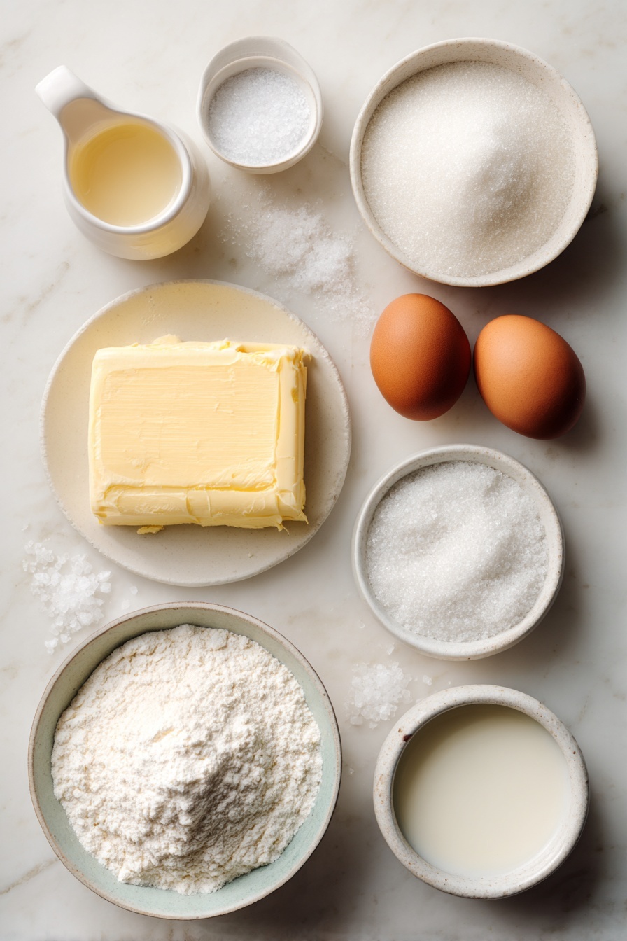 Delicious Danish Butter Cookies, Danish Butter Cookies, Butter Cookies Recipe, Classic Danish Cookies, Melt-in-Your-Mouth Butter Cookies - Flat lay of European salted butter in a square slab, a small white ceramic bowl filled with granulated sugar, a few grains of coarse salt scattered beside, two brown whole eggs with clean shells, a small white ceramic bowl holding clear pale vanilla extract, a small white ceramic bowl with whole milk, a small white ceramic bowl heaped with all-purpose flour, a small white ceramic bowl containing cake flour, and a small white ceramic bowl with coarse sugar crystals, all arranged in perfect symmetry on a clean white marble surface, soft natural light, photo taken with an iPhone, professional food photography style, fresh ingredients, white ceramic bowls, no bottles, no duplicates, no utensils, no packaging --ar 2:3 --v 7 --p m7354615311229779997