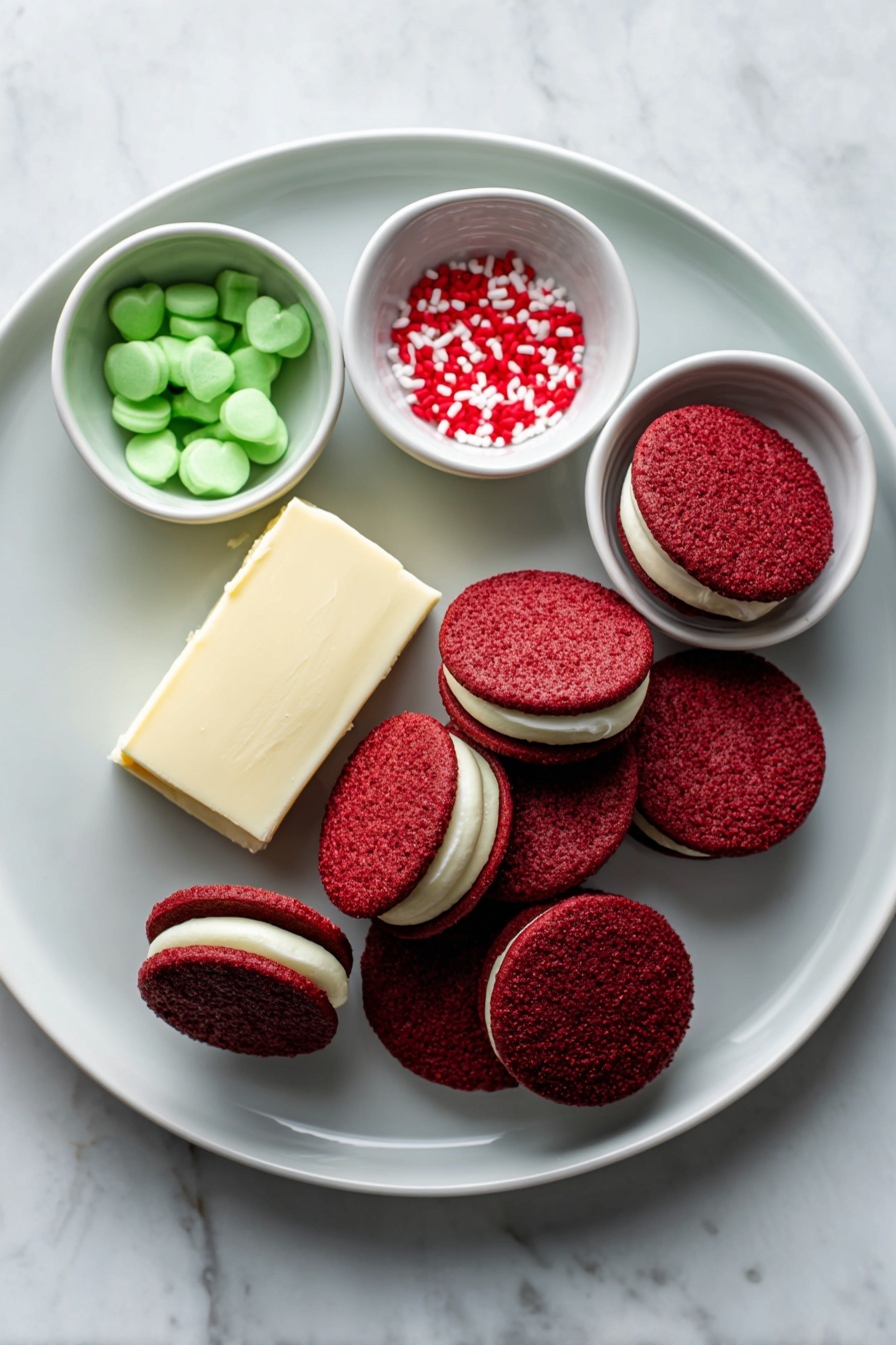 Grinch Oreo Truffles with Red Velvet, festive holiday treats, no-bake holiday desserts, easy Christmas truffles, green candy melt desserts - Flat lay of a small pile of whole Red Velvet Oreo cookies with their deep red and white cream centers visible in one opened cookie, a block of smooth cream cheese still in its shape, a small white bowl filled with vibrant green candy melts, and another small white bowl holding tiny red heart sprinkles, all arranged neatly with perfect symmetry on a simple white ceramic plate and bowls, placed on a clean white marble surface, soft natural light, photo taken with an iPhone, professional food photography style, fresh ingredients, white ceramic bowls, no bottles, no duplicates, no utensils, no packaging --ar 2:3 --v 7 --p m7354615311229779997