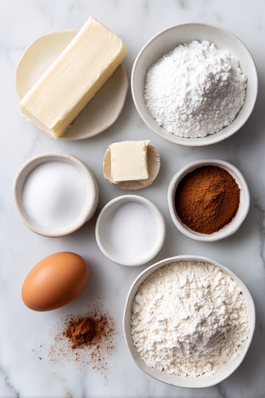 Cinnamon Cream Cheese Cookies, soft cinnamon sugar cookies with cream cheese, easy homemade cinnamon cookies, melt-in-your-mouth cinnamon cookies, buttery cream cheese cookies - Flat lay of a small block of unsalted butter, a wedge of cream cheese with a fresh cut, a small mound of powdered sugar in a white ceramic bowl, one whole brown egg with a clean shell, a tiny white bowl containing fine white baking powder, a small white bowl with smooth vanilla bean paste, a pinch of kosher salt displayed loosely on the surface, a heap of pale all-purpose flour, a small white bowl filled with granulated sugar, and a small white bowl holding ground cinnamon, all arranged symmetrically on a clean white marble surface, soft natural light, photo taken with an iPhone, professional food photography style, fresh ingredients, white ceramic bowls, no bottles, no duplicates, no utensils, no packaging --ar 2:3 --v 7 --p m7354615311229779997