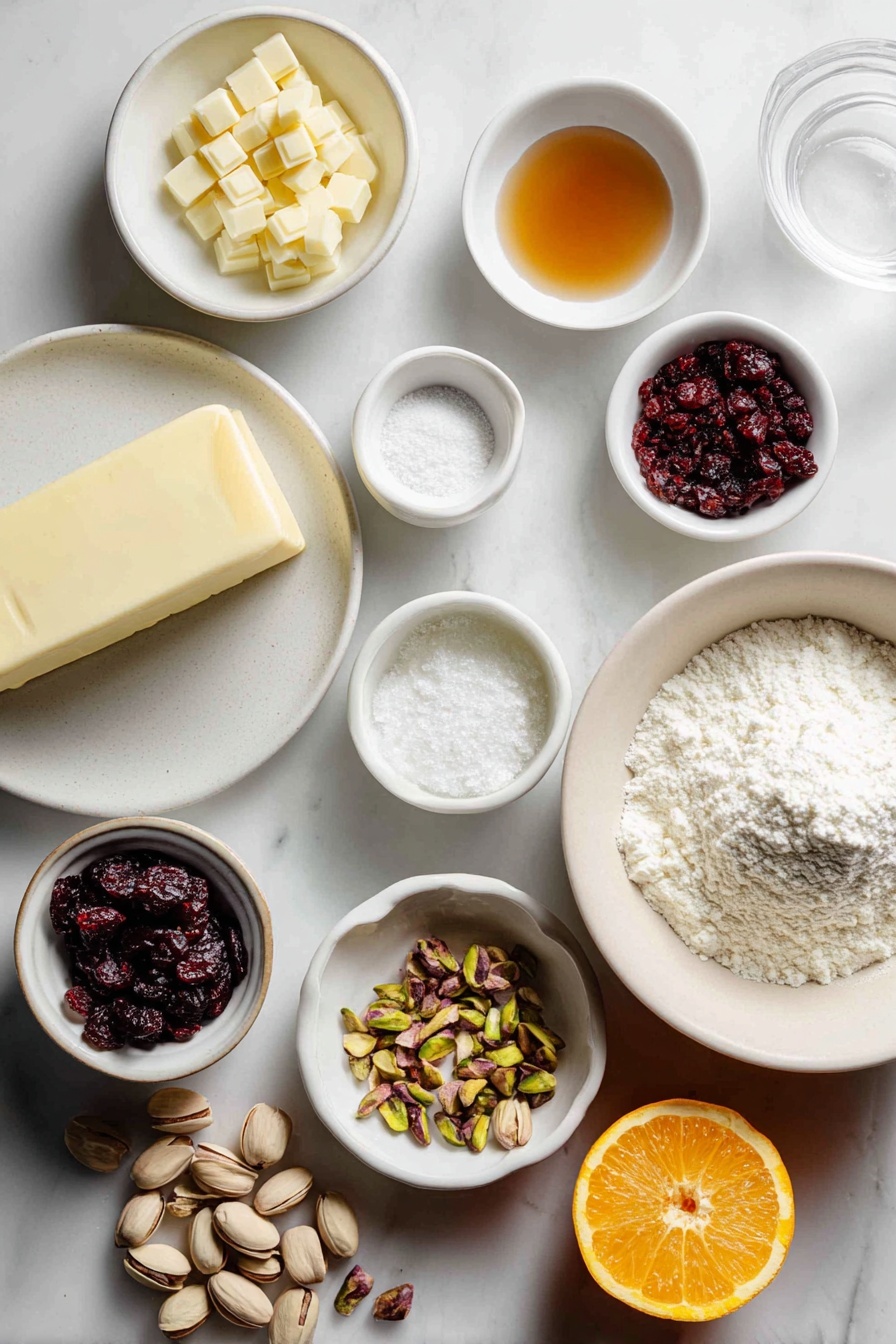Cranberry Pistachio Shortbread Cookies, holiday shortbread cookies, festive cranberry pistachio treats, easy shortbread recipe, buttery cranberry pistachio cookies - Flat lay of a stick of unsalted butter, a small mound of powdered sugar on a white ceramic plate, a tiny white bowl with vanilla extract, another tiny white bowl with almond extract, a white ceramic bowl filled with all-purpose flour, a small pile of coarse salt, a small white bowl with roughly chopped dried cranberries, a white bowl holding roughly chopped shelled pistachios, a fresh orange with a few strips of orange zest beside it on a white dish, a small white bowl containing chopped white chocolate, a small white bowl with coconut oil, placed on a clean white marble surface, soft natural light, photo taken with an iPhone, professional food photography style, fresh ingredients, white ceramic bowls, no bottles, no duplicates, no utensils, no packaging --ar 2:3 --v 7 --p m7354615311229779997