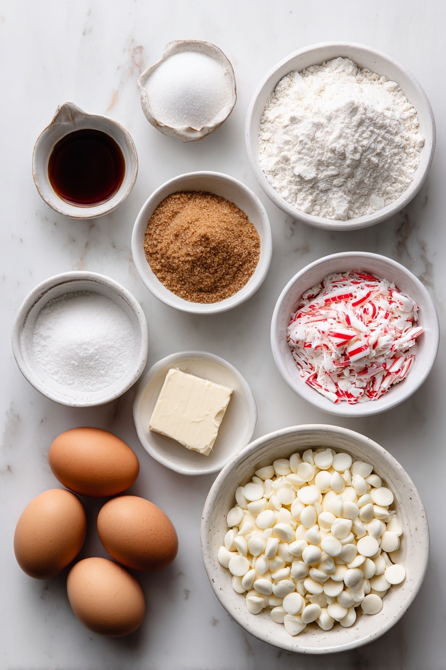 White Chocolate Candy Cane Cookies, holiday peppermint cookies, festive Christmas cookie recipe, easy holiday cookies, peppermint white chocolate treats - Flat lay of a small pile of white granulated sugar, a small mound of packed brown sugar, a pat of softened butter, two whole brown eggs with clean shells, a small white bowl of vanilla extract, a small white bowl of baking powder, a small white bowl of salt, a heap of all-purpose flour, a small white bowl filled with finely crushed red and white candy canes, and a simple white ceramic bowl overflowing with white chocolate chips, all arranged with perfect symmetry and balanced proportions, placed on a clean white marble surface, soft natural light, photo taken with an iPhone, professional food photography style, fresh ingredients, white ceramic bowls, no bottles, no duplicates, no utensils, no packaging --ar 2:3 --v 7 --p m7354615311229779997