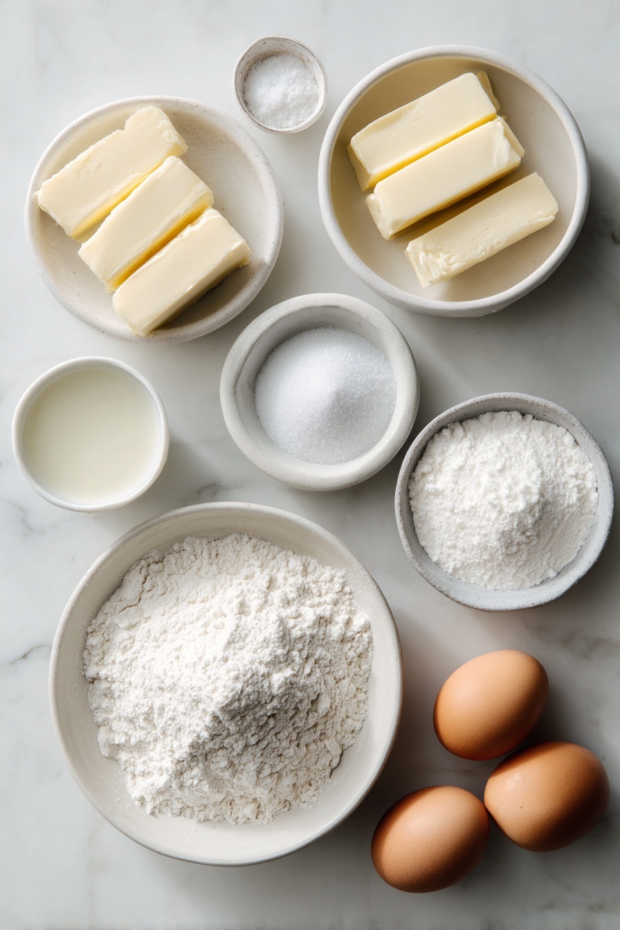 Classic Sugar Cookies, sugar cookies recipe, easy sugar cookies, buttery sugar cookies, soft sugar cookie recipe - Flat lay of a small mound of sifted all-purpose flour in a simple white ceramic bowl, a small white bowl filled with fine sea salt, a small white bowl with baking powder, three sticks of unsalted butter arranged neatly, a small white bowl holding granulated sugar, two large whole brown eggs with clean shells, a small white bowl of clear pure vanilla extract, and an extra small white bowl containing granulated sugar for rolling, all placed on a clean white marble surface, soft natural light, photo taken with an iPhone, professional food photography style, fresh ingredients, white ceramic bowls, no bottles, no duplicates, no utensils, no packaging --ar 2:3 --v 7 --p m7354615311229779997