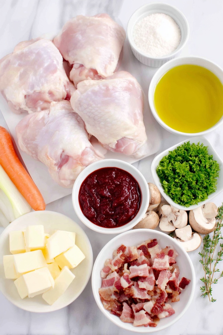 Coq au Vin, French chicken stew, classic French dish, hearty wine braised chicken, traditional Coq au Vin - Flat lay of fresh bone-in, skin-on chicken thighs and drumsticks arranged neatly, a small pile of diced slab bacon pieces, one large yellow onion chopped into chunks, two peeled carrots cut diagonally into 1-inch pieces, four whole cloves of garlic, a small white bowl with deep red tomato paste, a small white bowl of all-purpose flour, a few fresh sprigs of thyme tied together, one fresh bay leaf, a small white bowl filled with clear golden vegetable oil, a small white bowl of unsalted butter cubes, a small white bowl of chicken stock, a small white bowl holding peeled pearl onions, a small mound of sliced cremini mushrooms, and a small heap of chopped fresh parsley—all presented on simple white ceramic bowls and plates, perfectly balanced and symmetrical, placed on a clean white marble surface, soft natural light, photo taken with an iPhone, professional food photography style, fresh ingredients, white ceramic bowls, no bottles, no duplicates, no utensils, no packaging --ar 2:3 --v 7 --p m7354615311229779997