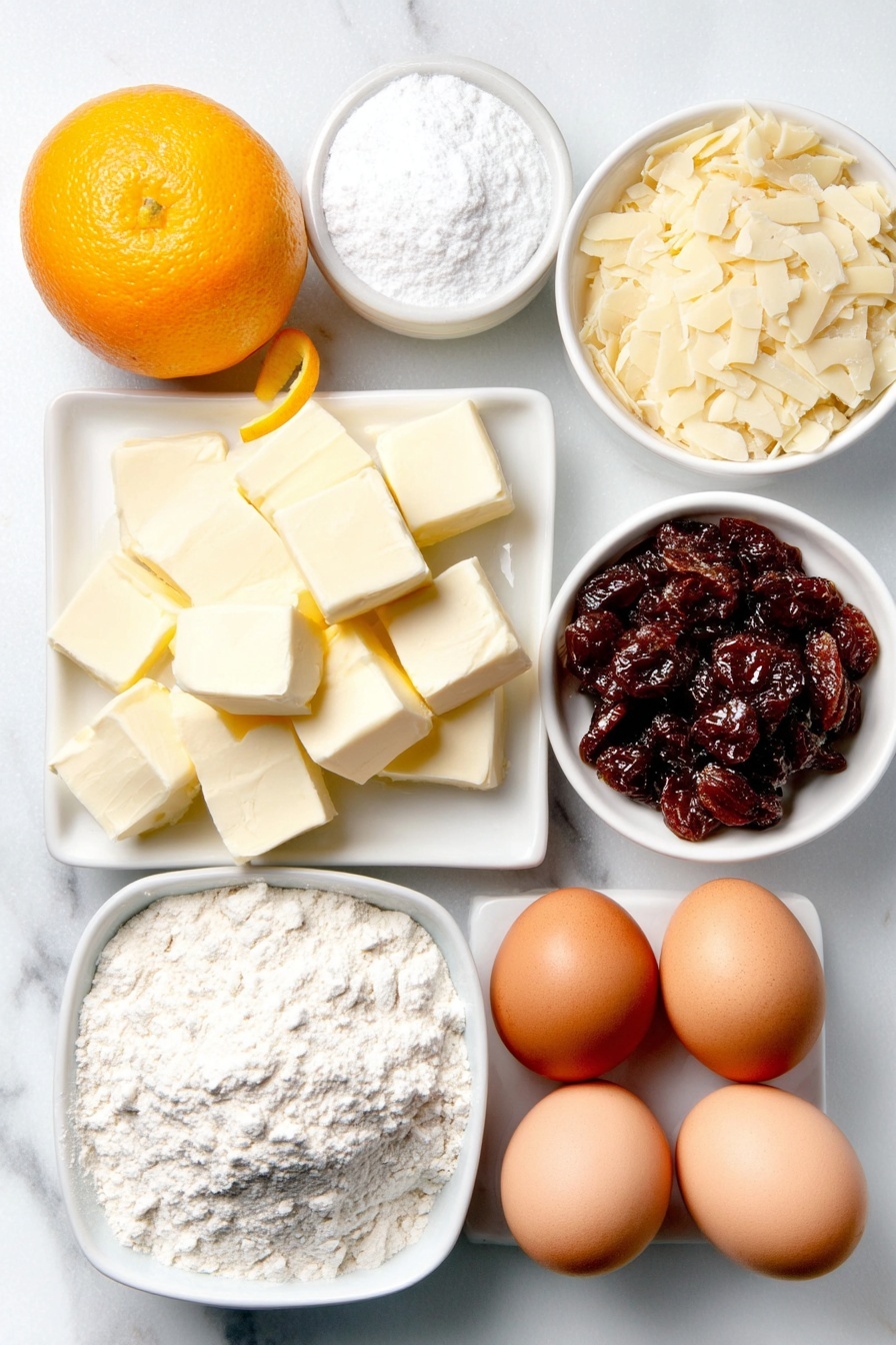 Festive Mince Pies with Frangipane Topping, mince pie recipes, holiday baking ideas, almond frangipane desserts, Christmas pastry treats - Flat lay of a small mound of plain white flour on a simple white ceramic plate, a few large cubes of cold unsalted butter arranged neatly on another white ceramic dish, a small white ceramic bowl filled with golden mincemeat fruit filling, a fresh whole orange with a small strip of bright orange zest curling beside it on the surface, a small white ceramic bowl holding granulated white sugar, two clean whole brown eggs with uncracked shells placed side by side on the white marble, a small white ceramic bowl filled with pale beige ground almonds, a smaller white ceramic bowl containing plain white flour, a tiny heap of delicate pale beige flaked almonds on the marble surface, and a small white ceramic bowl with fine white powdered icing sugar arranged in perfect symmetry, placed on a clean white marble surface, soft natural light, photo taken with an iPhone, professional food photography style, fresh ingredients, white ceramic bowls, no bottles, no duplicates, no utensils, no packaging --ar 2:3 --v 7 --p m7354615311229779997