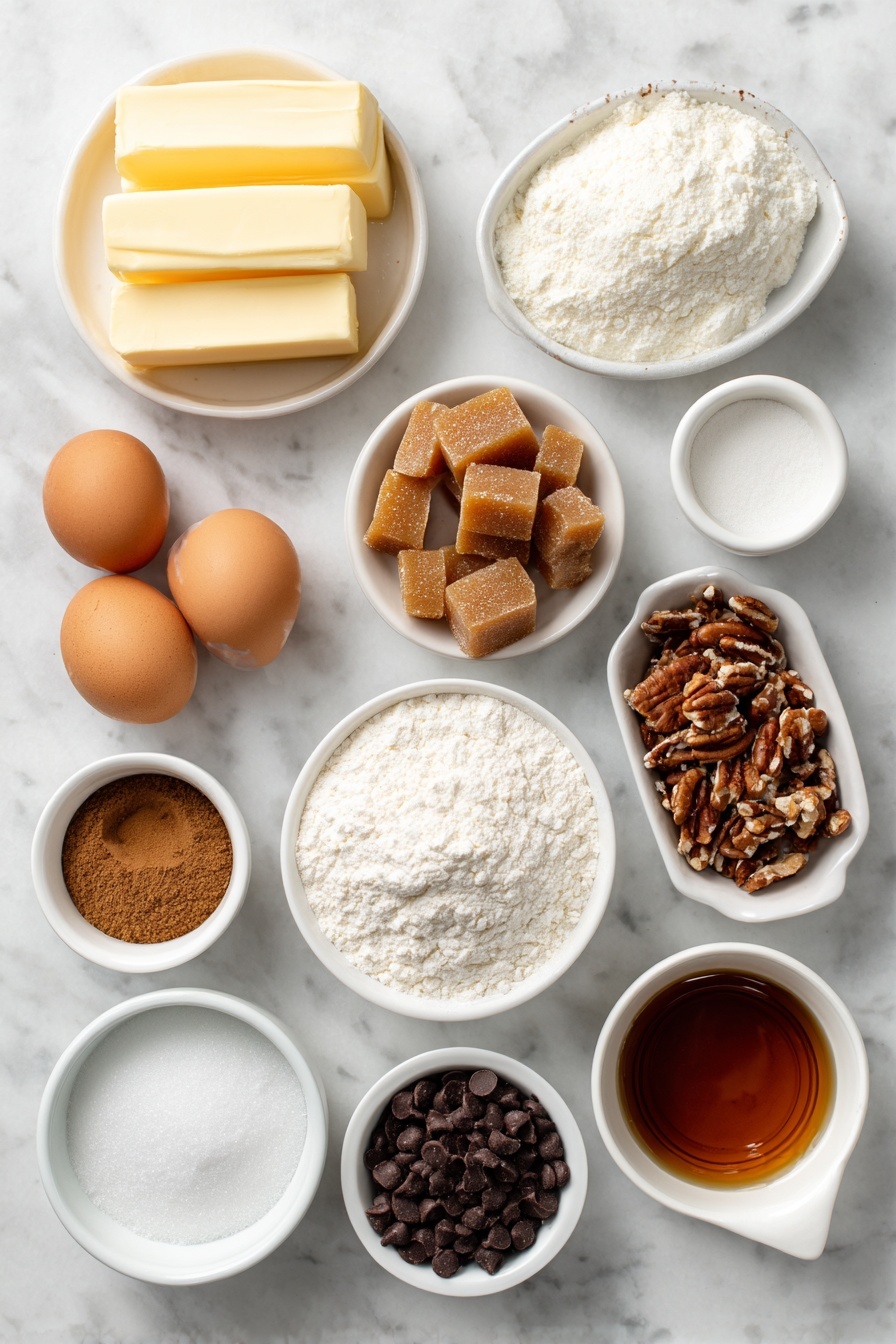 Chocolate Caramel Pecan Cookies, indulgent cookie recipe, chocolate pecan caramel cookies, easy holiday dessert, gourmet cookie ideas - Flat lay of unsalted butter sticks softened, a small white bowl of granulated sugar, a small white bowl of packed light brown sugar, two whole uncracked brown eggs, a small white bowl of vanilla extract, a small white bowl of all-purpose flour, a small white bowl of unsweetened cocoa powder, a small white bowl of baking soda, a small white bowl of salt, a simple white ceramic dish holding chopped soft caramels, a simple white ceramic dish with chopped pecans, a small white bowl filled with chocolate chips, and a small white bowl with coconut oil placed on a clean white marble surface, soft natural light, photo taken with an iPhone, professional food photography style, fresh ingredients, white ceramic bowls, no bottles, no duplicates, no utensils, no packaging --ar 2:3 --v 7 --p m7354615311229779997