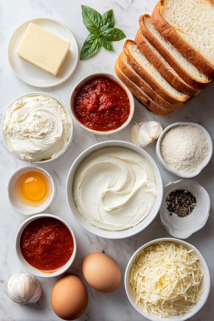 Easy Baked Tomato Soup Grilled Cheese, baked tomato soup casserole, cheesy tomato soup bake, comforting tomato soup and grilled cheese, simple baked tomato soup dish - Flat lay of a small white ceramic bowl of smooth reduced-fat cream cheese, a few dried basil leaves scattered beside it, six slices of thick Italian bread stacked neatly, six slices of fresh part-skim mozzarella cheese arranged in a perfect row, a small white bowl of softened golden butter, a small white bowl filled with vibrant red tomato paste, one fresh peeled garlic clove, a small white bowl of coarse salt, a small white bowl of cracked black peppercorns, a small white bowl of creamy 2% milk, two whole uncracked brown eggs, and a small white bowl of shredded Italian cheese blend, all ingredients fresh and natural, perfectly symmetrical on a clean white marble surface, soft natural light, photo taken with an iPhone, professional food photography style, fresh ingredients, white ceramic bowls, no bottles, no duplicates, no utensils, no packaging --ar 2:3 --v 7 --p m7354615311229779997