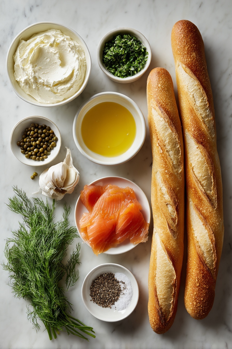 Smoked Salmon Crostini, smoked salmon appetizer, easy smoked salmon recipes, fancy brunch ideas, appetizer with smoked salmon - Flat lay of a fresh whole baguette, several golden toasted baguette slices arranged neatly, a small white ceramic bowl of softened cream cheese, a small white bowl with freshly squeezed lemon juice, a small white bowl of chopped fresh dill, one whole garlic clove unpeeled, a small white bowl containing capers, a few sprigs of fresh dill, thin folded slices of cold smoked salmon, and a small white bowl with freshly cracked black pepper, all placed on a clean white marble surface, soft natural light, photo taken with an iPhone, professional food photography style, fresh ingredients, white ceramic bowls, no bottles, no duplicates, no utensils, no packaging --ar 2:3 --v 7 --p m7354615311229779997