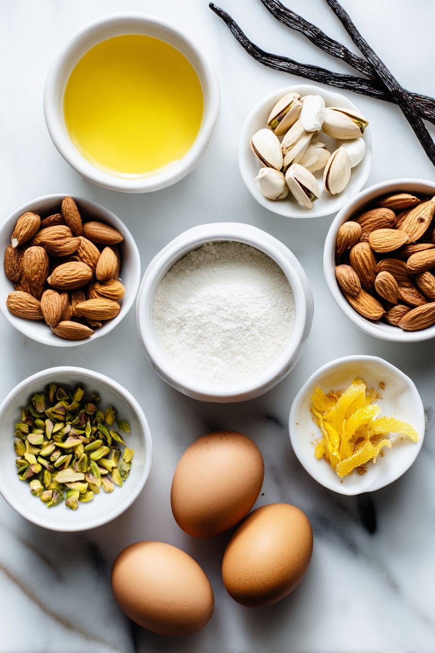 Easy Italian Nougat with Nuts, Italian nougat recipe, homemade nougat with nuts, chewy Italian nougat, traditional Italian torrone - Flat lay of a small white ceramic bowl of golden honey, a small white bowl of clear water, a small white bowl of white granulated sugar, two whole uncracked brown eggs with clean shells, a small white bowl of toasted whole almonds, a small white bowl of toasted whole pistachios, a small white bowl containing fresh vanilla beans and a piece of bright citrus zest, all arranged symmetrically on a clean white marble surface, soft natural light, photo taken with an iPhone, professional food photography style, fresh ingredients, white ceramic bowls, no bottles, no duplicates, no utensils, no packaging --ar 2:3 --v 7 --p m7354615311229779997