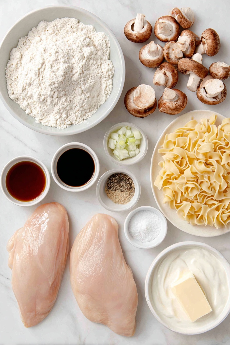 Easy Chicken Stroganoff, Chicken Stroganoff recipe, creamy chicken dinner, quick weeknight chicken, savory mushroom chicken - Flat lay of two boneless skinless chicken breasts, a small mound of all-purpose flour in a white ceramic bowl, three whole brown garlic cloves, a small white bowl with olive oil, a pat of butter on a white ceramic dish, a cluster of sliced cremini mushrooms, one small chopped yellow onion on a white plate, a small white bowl of dry mustard powder, a small white bowl of Worcestershire sauce, a small white bowl of chicken broth, a small white bowl of sour cream, a generous nest of fresh egg noodles, salt and freshly ground black pepper in small white bowls, arranged in perfect symmetry and balanced proportions, placed on a clean white marble surface, soft natural light, photo taken with an iPhone, professional food photography style, fresh ingredients, white ceramic bowls, no bottles, no duplicates, no utensils, no packaging --ar 2:3 --v 7 --p m7354615311229779997