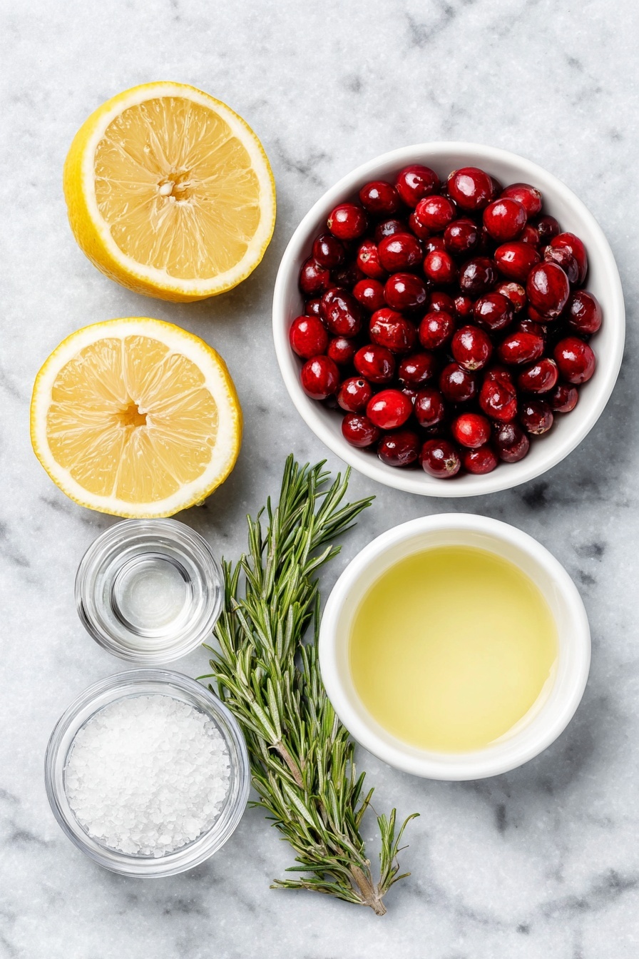 Holiday Lemon Drop Cocktail, festive lemon drop cocktail, holiday vodka cocktail, seasonal citrus cocktail, cranberry lemon cocktail - Flat lay of a whole fresh lemon cut in half showing juicy pulp, a small white ceramic bowl filled with bright red cranberries, a single vibrant green rosemary sprig, a small white ceramic bowl with fine sparkling white sugar, a small white ceramic bowl containing clear simple syrup, a small white ceramic bowl holding deep pink cranberry juice, a small white ceramic bowl with pale yellow freshly squeezed lemon juice, and a small white ceramic bowl filled with clear vodka, all arranged in perfect symmetry and balanced proportions on a clean white marble surface, soft natural light, photo taken with an iPhone, professional food photography style, fresh ingredients, white ceramic bowls, no bottles, no duplicates, no utensils, no packaging --ar 2:3 --v 7 --p m7354615311229779997
