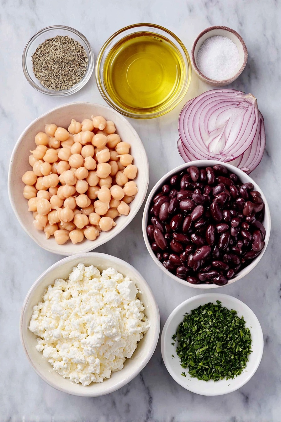 Chickpea and Black Bean Salad, Chickpea and Black Bean Salad Easy, Healthy Chickpea and Black Bean Salad, Vegetarian Bean Salad, Quick Vegetable Salad - Flat lay of a small white ceramic bowl of rinsed and drained chickpeas, a small white ceramic bowl of rinsed and drained black beans, a small white ceramic bowl of golden olive oil, a small white ceramic bowl of deep red wine vinegar, a small white ceramic bowl with dried oregano, a small white ceramic bowl with salt, a small white ceramic bowl with black pepper, half a fresh red onion thinly sliced, a small white ceramic bowl of crumbled fresh white feta cheese, a small white ceramic bowl of chopped fresh green parsley placed on a clean white marble surface, soft natural light, photo taken with an iPhone, professional food photography style, fresh ingredients, white ceramic bowls, no bottles, no duplicates, no utensils, no packaging --ar 2:3 --v 7 --p m7354615311229779997