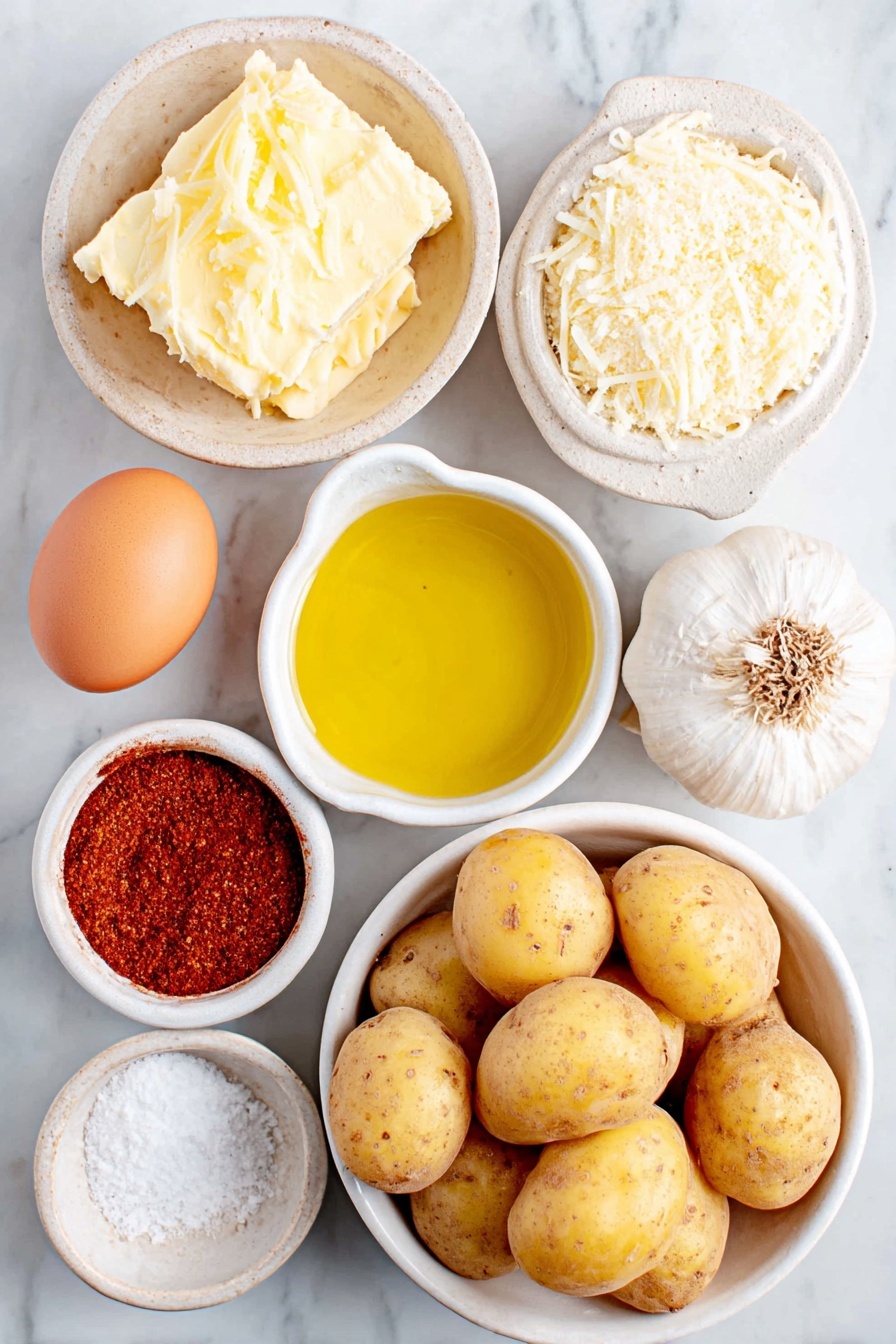 Cheese-Crusted Yukon Gold Potatoes with Garlic Aioli, crispy cheese potato side dish, baked Yukon Gold potatoes with cheese crust, garlic aioli for potatoes, cheesy potato appetizer - Flat lay of small whole Yukon Gold potatoes with smooth golden skin, a small mound of finely grated aged Manchego cheese with a pale yellow hue, a small white ceramic bowl filled with extra virgin olive oil glistening with a rich golden color, a small white bowl holding bright red smoked paprika powder, a whole rustic head of garlic with white papery skin, a small white bowl containing whole uncracked brown egg, a tiny lemon wedge with vibrant yellow flesh, a small white bowl of fine seasoned salt crystals, and a small white bowl of deep reddish chipotle powder, all arranged symmetrically on a clean white marble surface, soft natural light, photo taken with an iPhone, professional food photography style, fresh ingredients, white ceramic bowls, no bottles, no duplicates, no utensils, no packaging --ar 2:3 --v 7 --p m7354615311229779997