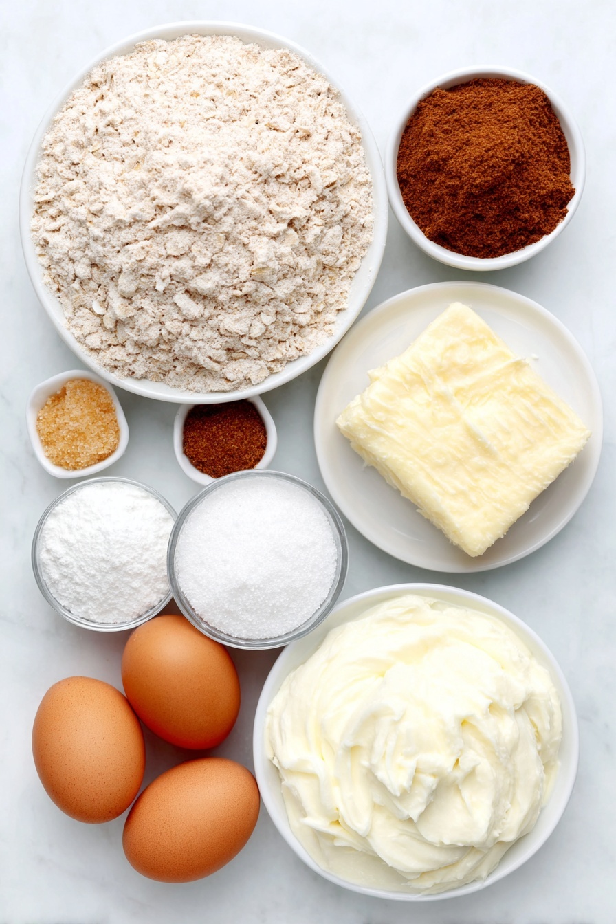 Healthy Greek Yogurt Pancakes, healthy breakfast recipes, easy protein pancakes, fluffy Greek yogurt pancakes, nutritious pancake ideas - Flat lay of a small white ceramic bowl of light brown oat flour, a small white ceramic bowl of pale all-purpose flour, a small white ceramic bowl of golden granulated sugar, a small white ceramic bowl of fine sea salt, a small white ceramic bowl of cinnamon powder, two whole uncracked brown eggs, a small white ceramic bowl of creamy vanilla Greek yogurt, a small white ceramic bowl of golden milk, a small white ceramic bowl of white baking powder, a small white ceramic bowl of pale baking soda, a few green sticks of fresh vanilla, a small piece of golden salted butter placed on a simple white ceramic dish, all ingredients arranged symmetrically and looking fresh and natural placed on a clean white marble surface, soft natural light, photo taken with an iPhone, professional food photography style, fresh ingredients, white ceramic bowls, no bottles, no duplicates, no utensils, no packaging --ar 2:3 --v 7 --p m7354615311229779997