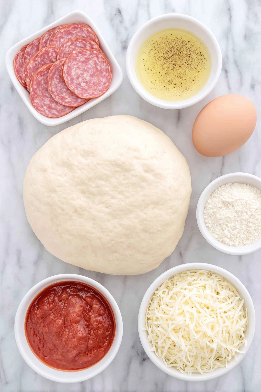 Cheesy Pepperoni Roll-Ups with Marinara, easy snack ideas, game day appetizer, cheesy pepperoni roll-ups, savory finger food - Flat lay of a small rectangle of fresh raw pizza dough, a small white bowl with melted golden butter mixed with Italian seasoning and garlic powder, a neat pile of bright red pepperoni slices, a small mound of shredded white mozzarella cheese, a single whole brown egg with a clean shell, a small white bowl with finely grated pale parmesan cheese, a small white bowl filled with rich red marinara sauce, all ingredients arranged symmetrically on a clean white marble surface, soft natural light, photo taken with an iPhone, professional food photography style, fresh ingredients, white ceramic bowls, no bottles, no duplicates, no utensils, no packaging --ar 2:3 --v 7 --p m7354615311229779997