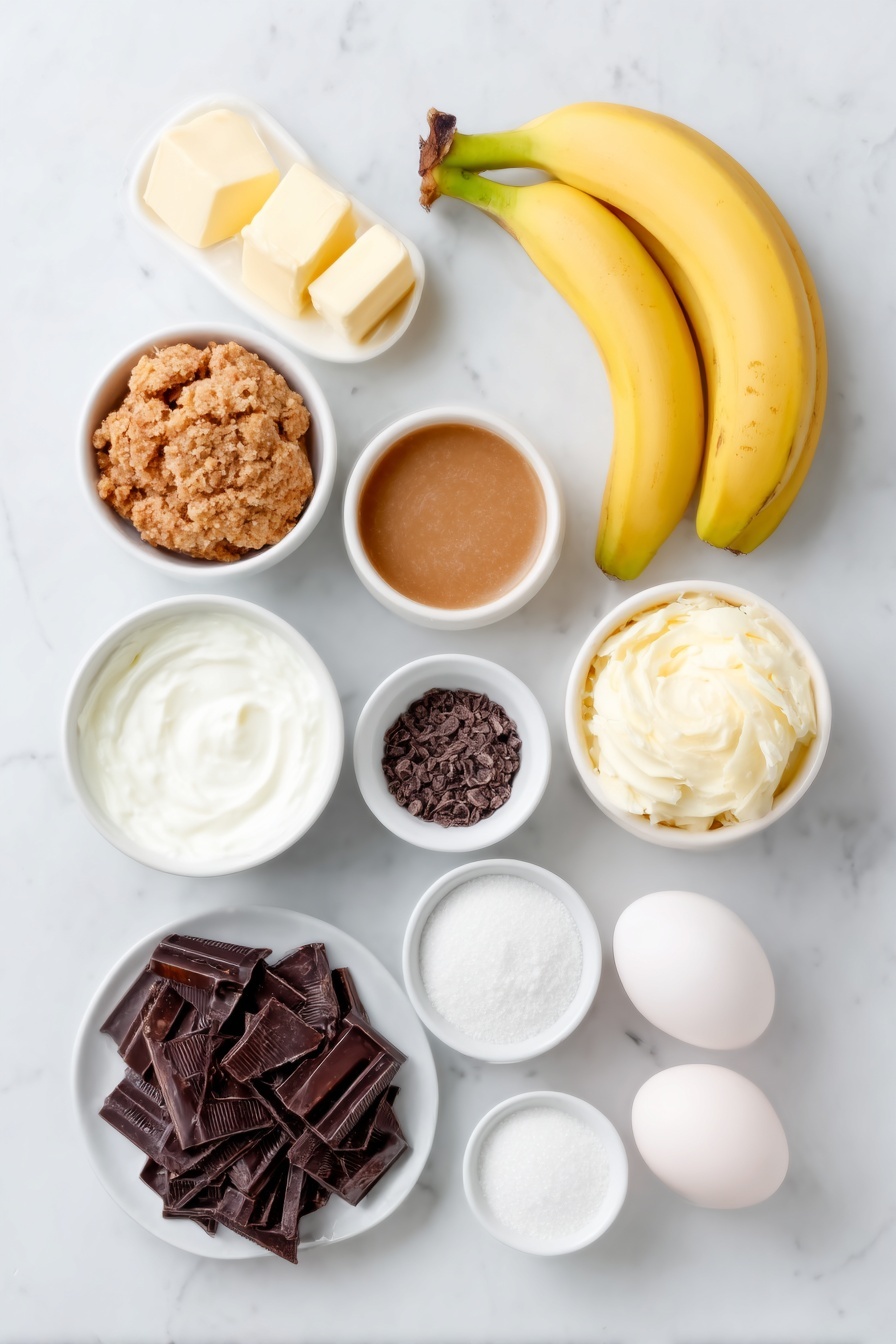 Banoffee Pie with Caramel and Bananas, banana caramel dessert, easy banoffee pie recipe, no-bake banoffee pie, layered banana dessert - Flat lay of a small pile of golden brown crushed sweet biscuits, a few cubes of pale yellow butter, a small white bowl filled with smooth light brown caramel sauce, a small white bowl with dark golden light brown sugar crystals, a small white bowl of thick white heavy cream, a small white bowl of fine white icing sugar, a small white bowl with creamy beige vanilla bean paste, three ripe yellow bananas with small brown spots, a small pile of dark chocolate curls on a simple white ceramic plate, and two whole clean eggs with smooth shells placed on a clean white marble surface, soft natural light, photo taken with an iPhone, professional food photography style, fresh ingredients, white ceramic bowls, no bottles, no duplicates, no utensils, no packaging --ar 2:3 --v 7 --p m7354615311229779997