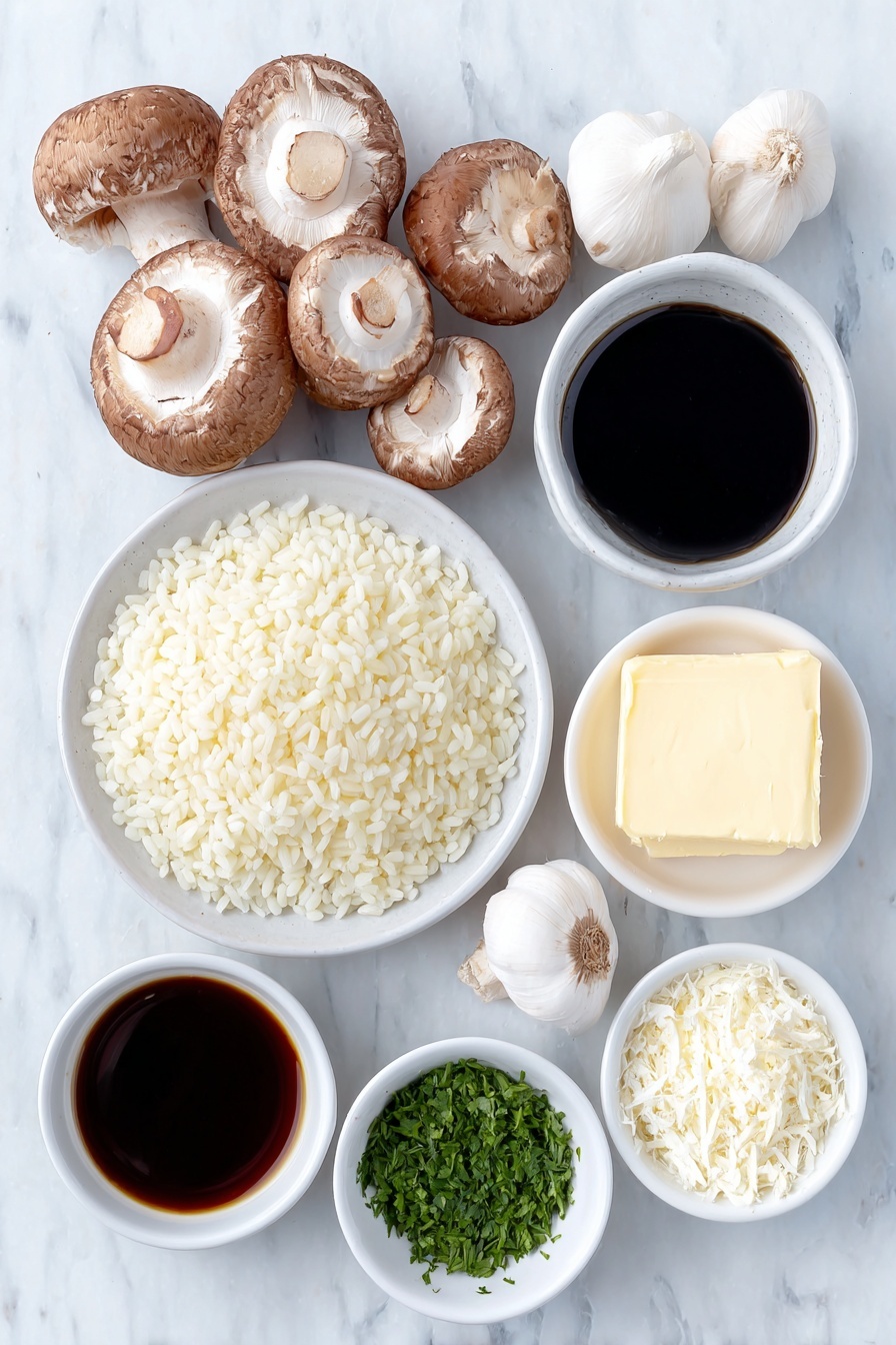 Pressure Cooker Mushroom Risotto, Mushroom Risotto Recipe, Easy Mushroom Risotto, Creamy Mushroom Risotto, Pressure Cooker Dinner - Flat lay of a small white ceramic bowl of extra-virgin olive oil, thickly sliced brown button mushrooms, a medium yellow onion finely chopped on a white ceramic plate, two whole uncracked medium garlic cloves, a small white ceramic bowl of Arborio risotto rice, a small white ceramic bowl of dry white wine, a small white ceramic bowl of soy sauce, a small white ceramic bowl of vegetable broth, a small white ceramic bowl of finely grated Parmesan cheese, two tablespoons of cold butter on a small white ceramic plate, and a handful of finely minced fresh parsley placed on a clean white marble surface, soft natural light, photo taken with an iPhone, professional food photography style, fresh ingredients, white ceramic bowls, no bottles, no duplicates, no utensils, no packaging --ar 2:3 --v 7 --p m7354615311229779997