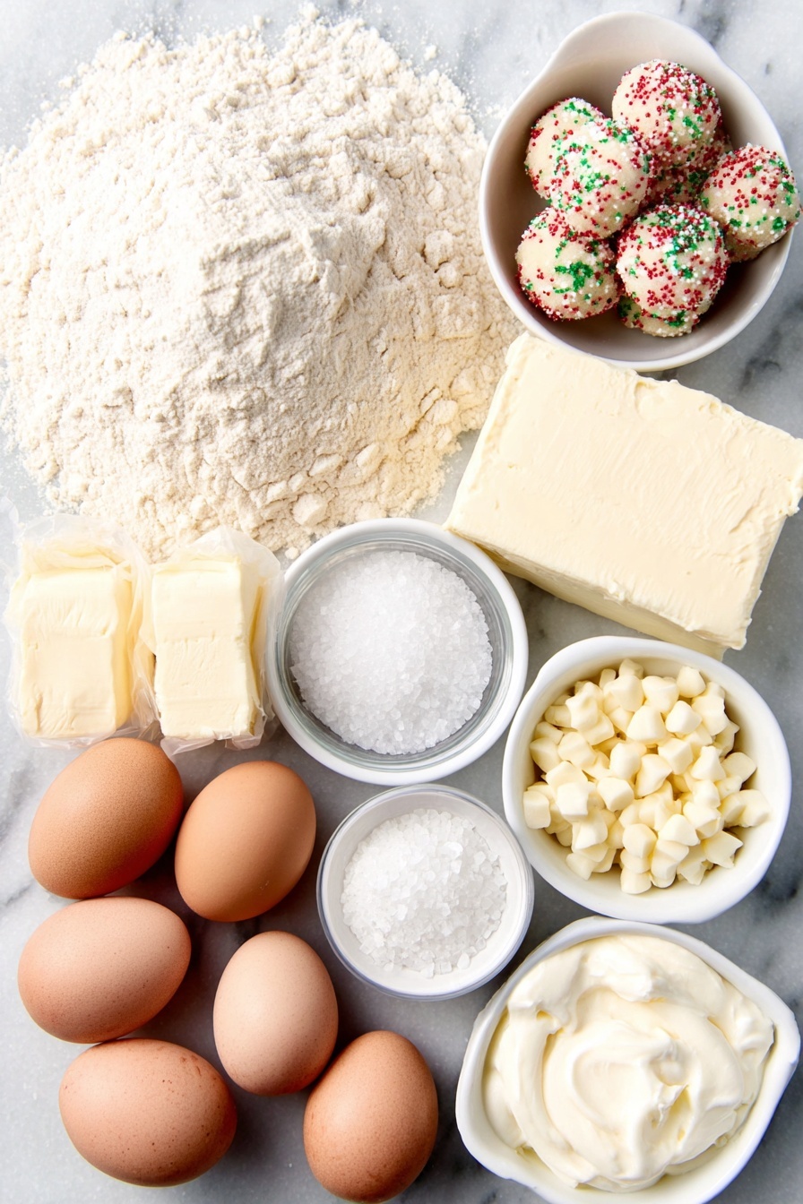 Sugar Cookie Cheesecake, easy sugar cookie cheesecake, no-bake sugar cookie cheesecake, creamy cheesecake with sugar cookie crust, festive cheesecake dessert - Flat lay of a small mound of all-purpose flour, a small heap of fine white granulated sugar, a smooth stick of unsalted butter, a few Christmas jimmie sprinkles in vibrant red, green, and white colors, a handful of tiny round cookie dough balls speckled with sprinkles, whole large brown eggs with clean shells, a block of creamy white cream cheese, a small white ceramic bowl of sour cream, a smaller white ceramic bowl of heavy cream, a small white ceramic bowl of pure vanilla extract, a small white ceramic bowl of white chocolate chips, a small white ceramic bowl of milk, a small white ceramic bowl of baking soda, a tiny pile of salt crystals placed next to each other, all arranged neatly and symmetrically on a clean white marble surface, soft natural light, photo taken with an iPhone, professional food photography style, fresh ingredients, white ceramic bowls, no bottles, no duplicates, no utensils, no packaging --ar 2:3 --v 7 --p m7354615311229779997