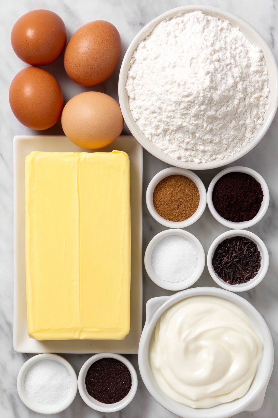 Gingerbread Sandwich Cookies with Vanilla Frosting, holiday gingerbread cookies, festive sandwich cookies, spicy gingerbread treats, vanilla frosting sandwich cookies - Flat lay of a stick of unsalted butter with a creamy yellow surface, two brown eggs with smooth clean shells, small mound of dark glossy molasses, a neat pile of all-purpose flour, small white ceramic bowls containing ground ginger, ground cinnamon, ground nutmeg, ground cloves, fine salt, granulated sugar, and powdered sugar, a few vanilla beans with a dark shiny exterior, and a small white bowl with heavy cream—all arranged symmetrically on a clean white marble surface, soft natural light, photo taken with an iPhone, professional food photography style, fresh ingredients, white ceramic bowls, no bottles, no duplicates, no utensils, no packaging --ar 2:3 --v 7 --p m7354615311229779997