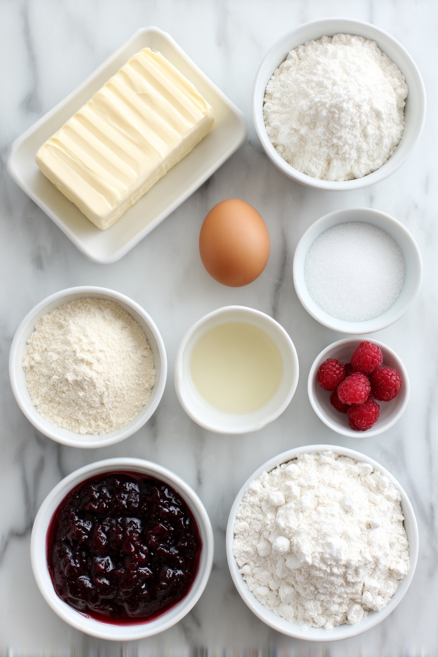 Raspberry Linzer Cookies, elegant jam-filled cookies, holiday cookie recipes, buttery raspberry sandwich cookies, homemade Linzer cookies - Flat lay of a small block of unsalted butter, a small mound of granulated sugar, one whole uncracked brown egg, a small white bowl of pale almond extract, a small white bowl of clear vanilla extract, a small white bowl of all-purpose flour, a small white bowl of superfine almond meal, a small white bowl of cornstarch, a pinch of fine salt displayed as loose grains, a small white bowl filled with vibrant red raspberry jam, and a small white bowl dusted with fine powdered sugar, all arranged symmetrically on a clean white marble surface, soft natural light, photo taken with an iPhone, professional food photography style, fresh ingredients, white ceramic bowls, no bottles, no duplicates, no utensils, no packaging --ar 2:3 --v 7 --p m7354615311229779997