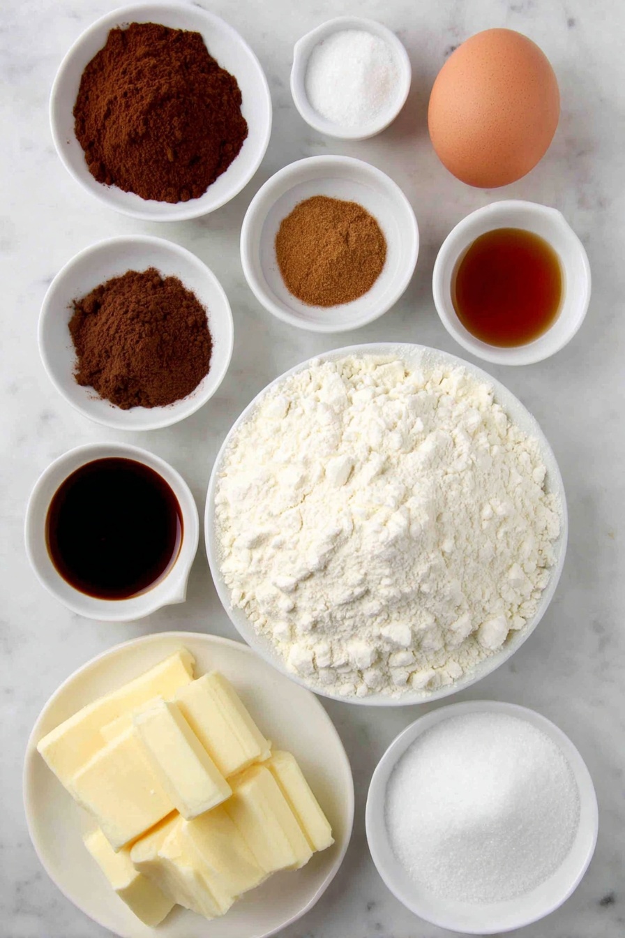 Gingerbread Men Cookies, holiday cookie recipe, baking gingerbread cookies, festive gingerbread treats, homemade gingerbread men - Flat lay of a small mound of all purpose flour on a simple white ceramic plate, a small white bowl with ground ginger powder, a small white bowl with ground cinnamon powder, a small white bowl with ground cloves powder, a small white bowl with ground nutmeg powder, a small white bowl with ground allspice powder, a small white bowl with baking soda powder, a small white bowl with salt crystals, a few slices of unsalted butter at room temperature arranged neatly on a white ceramic dish, a small white bowl filled with dark brown sugar, a small white bowl with vanilla extract, a small white bowl with rich amber unsulphured molasses, one large whole uncracked egg with a clean shell placed beside the bowls, all ingredients evenly spaced and symmetrically arranged, placed on a clean white marble surface, soft natural light, photo taken with an iPhone, professional food photography style, fresh ingredients, white ceramic bowls, no bottles, no duplicates, no utensils, no packaging --ar 2:3 --v 7 --p m7354615311229779997