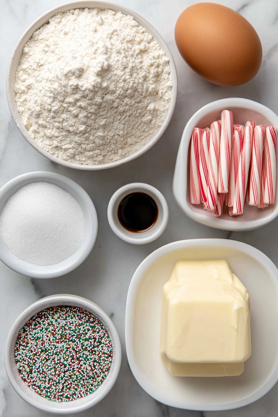 Candy Cane Kiss Cookies, festive holiday cookies, peppermint sugar cookies, Christmas cookies with Hershey's Kisses, easy holiday treat - Flat lay of a small heap of all-purpose flour on a simple white ceramic plate, a small white bowl of granulated sugar, a small white bowl of baking powder powder, a small white bowl of salt, a few tablespoons of softened unsalted butter shaped into a smooth mound on a white ceramic dish, one large whole uncracked brown egg, a small white bowl of clear vanilla extract, a small white bowl of clear peppermint extract, a generous pile of colorful nonpareil sprinkles on a white ceramic plate, and a neat cluster of unwrapped red-and-white striped candy cane Hershey’s Kisses arranged symmetrically on a simple white ceramic dish, all placed on a clean white marble surface, soft natural light, photo taken with an iPhone, professional food photography style, fresh ingredients, white ceramic bowls, no bottles, no duplicates, no utensils, no packaging --ar 2:3 --v 7 --p m7354615311229779997