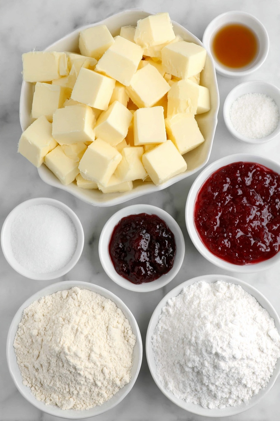 Raspberry Crumble Cookies, raspberry cookies with crumble topping, easy raspberry dessert, fruity cookie recipes, homemade raspberry cookies - Flat lay of a small heap of all purpose flour, chilled unsalted butter cut into small cubes, a small white bowl of granulated sugar, a small white bowl of pure vanilla extract, a small white bowl of almond extract, a small white bowl of salt, a small white bowl of vibrant red raspberry jam, and a small neat pile of powdered sugar placed on a clean white marble surface, soft natural light, photo taken with an iPhone, professional food photography style, fresh ingredients, white ceramic bowls, no bottles, no duplicates, no utensils, no packaging --ar 2:3 --v 7 --p m7354615311229779997