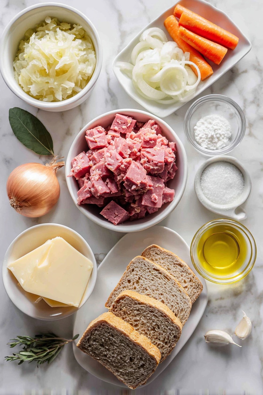 Reuben Soup with Sauerkraut and Swiss, Reuben-inspired soup, hearty Reuben soup recipe, creamy Reuben soup, easy Reuben soup - Flat lay of a diced pile of lean cooked corned beef, a small white bowl of sauerkraut, a chopped yellow onion, four chopped fresh carrots, three peeled garlic cloves, a sprig of fresh oregano, one fresh bay leaf, a small white bowl with clear cold water, a small white bowl with white cornstarch powder, a small white bowl of heavy cream, neatly stacked slices of Swiss cheese, a small white bowl of golden extra-virgin olive oil, and six slices of marbled rye bread arranged in a simple white ceramic dish, placed on a clean white marble surface, soft natural light, photo taken with an iPhone, professional food photography style, fresh ingredients, white ceramic bowls, no bottles, no duplicates, no utensils, no packaging --ar 2:3 --v 7 --p m7354615311229779997