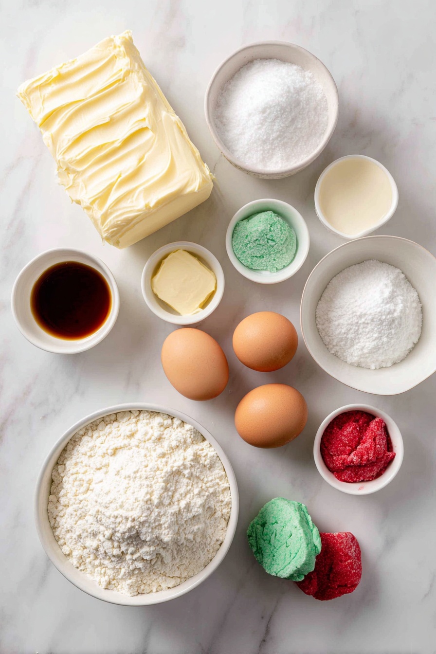 Christmas Peppermint Cheesecake Cookies, festive holiday cookies, peppermint cheesecake cookies, easy Christmas cookies, holiday baking recipes - Flat lay of a block of cream cheese with creamy texture, a half cup of solid butter, two whole brown eggs with smooth shells, a small white bowl filled with granulated sugar, a small white bowl containing vanilla extract, a small white bowl with all-purpose flour, a small white bowl holding baking powder, a small white bowl with fine salt, two small dollops of red and green dough representing food coloring mixed into dough pieces, a small white bowl with peppermint extract, all perfectly arranged in symmetrical balance on a clean white marble surface, soft natural light, photo taken with an iPhone, professional food photography style, fresh ingredients, white ceramic bowls, no bottles, no duplicates, no utensils, no packaging --ar 2:3 --v 7 --p m7354615311229779997