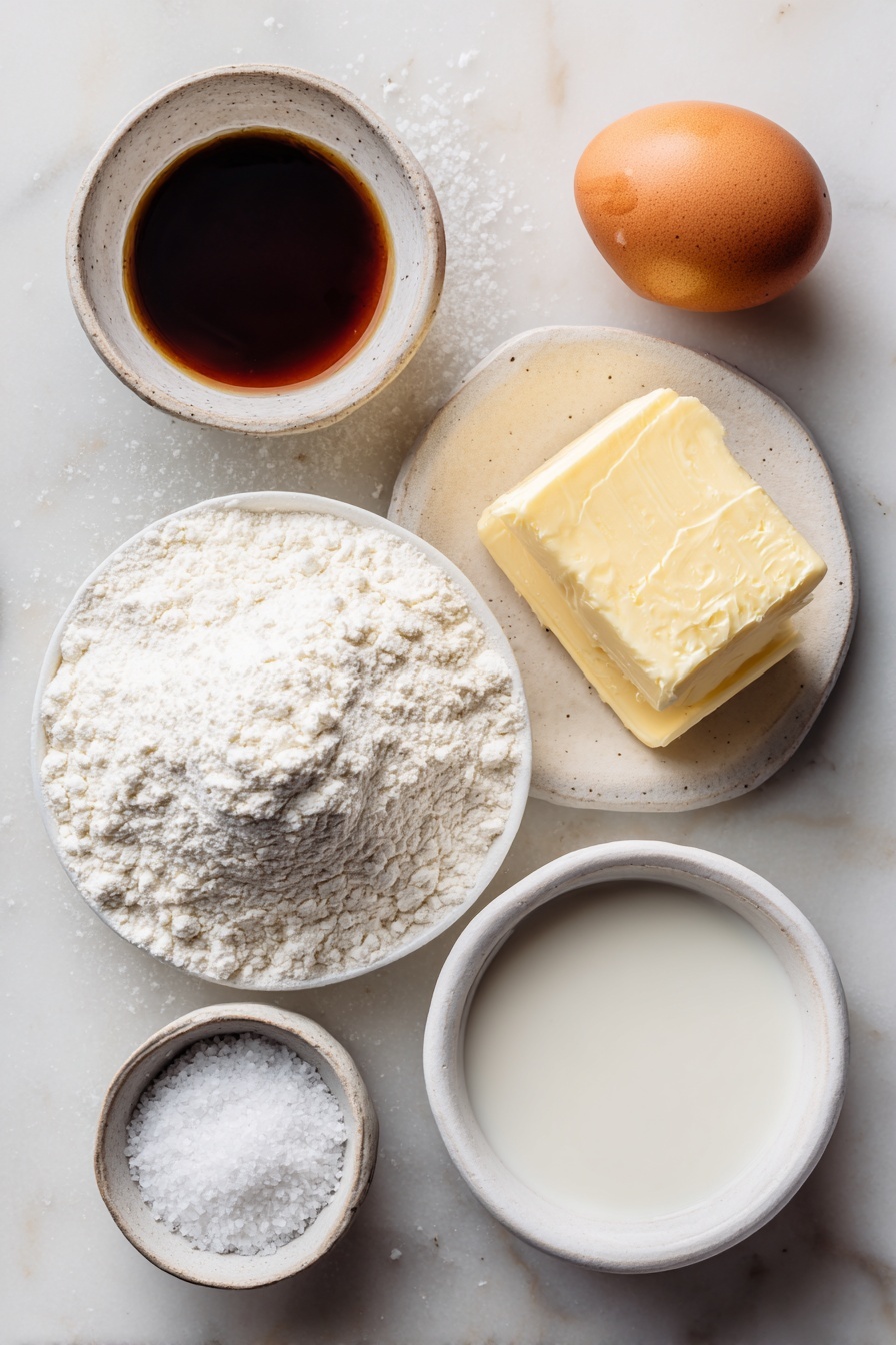 Butter Cookies, buttery cookies, homemade butter cookies, soft butter cookies, classic butter cookies - Flat lay of a small block of unsalted butter with a rich creamy texture, a neat mound of fine granulated sugar, one large brown egg with a clean uncracked shell, a small white ceramic bowl of clear vanilla extract, a heaping pile of all-purpose flour, a small pinch of coarse salt beside it, and a small white ceramic bowl containing fresh milk, all arranged symmetrically and naturally on a clean white marble surface, soft natural light, photo taken with an iPhone, professional food photography style, fresh ingredients, white ceramic bowls, no bottles, no duplicates, no utensils, no packaging --ar 2:3 --v 7 --p m7354615311229779997