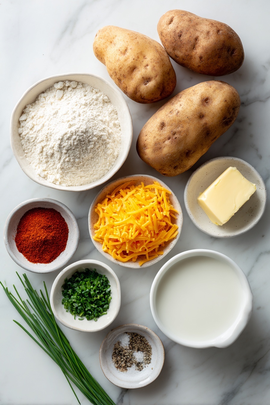 Cheesy Scalloped Potatoes, scalloped potatoes with cheese, creamy potato side dish, cheesy potato casserole, easy scalloped potato recipe - Flat lay of whole russet potatoes with rough brown skins, a small pat of creamy yellow butter, a small white ceramic bowl of fine all-purpose flour, a small white bowl filled with creamy white milk, a small white bowl containing freshly ground black pepper and coarse salt, a neat pile of bright orange shredded sharp cheddar cheese, a tiny mound of vibrant red paprika powder, and a small cluster of finely chopped fresh green chives and parsley, all arranged symmetrically on a clean white marble surface, soft natural light, photo taken with an iPhone, professional food photography style, fresh ingredients, white ceramic bowls, no bottles, no duplicates, no utensils, no packaging --ar 2:3 --v 7 --p m7354615311229779997