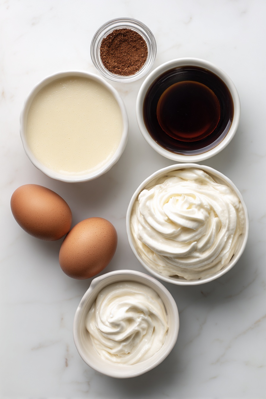 Eggnog White Russian Cocktail, holiday eggnog cocktail, festive White Russian, creamy holiday drinks, Christmas cocktail recipes - Flat lay of a small white ceramic bowl of smooth eggnog, a small white ceramic bowl with rich dark Kahlua coffee liqueur, a small white ceramic bowl with clear vodka, a small white ceramic bowl filled with finely ground nutmeg, a small white ceramic bowl holding a swirl of fresh whipped cream, and two whole clean brown eggs placed symmetrically, all arranged neatly on a clean white marble surface, soft natural light, photo taken with an iPhone, professional food photography style, fresh ingredients, white ceramic bowls, no bottles, no duplicates, no utensils, no packaging --ar 2:3 --v 7 --p m7354615311229779997
