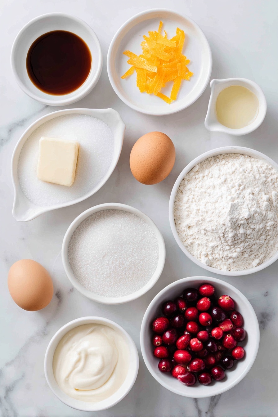 Cranberry Orange Cake, Cranberry Orange Cake Recipe, Festive Citrus Cake, Easy Cranberry Cake, Holiday Fruit Cake - Flat lay of a small mound of granulated sugar, thin strips of bright orange zest, a soft pat of unsalted butter, one whole uncracked brown egg, a small white bowl of clear vanilla extract, a tiny white bowl of fine baking powder powder, a small white bowl of salt, a neat pile of all-purpose flour, a small white bowl filled with creamy buttermilk, a cluster of fresh red cranberries, and a small white bowl of sparkling sugar, all arranged with perfect symmetry on simple white ceramic dishes, placed on a clean white marble surface, soft natural light, photo taken with an iPhone, professional food photography style, fresh ingredients, white ceramic bowls, no bottles, no duplicates, no utensils, no packaging --ar 2:3 --v 7 --p m7354615311229779997