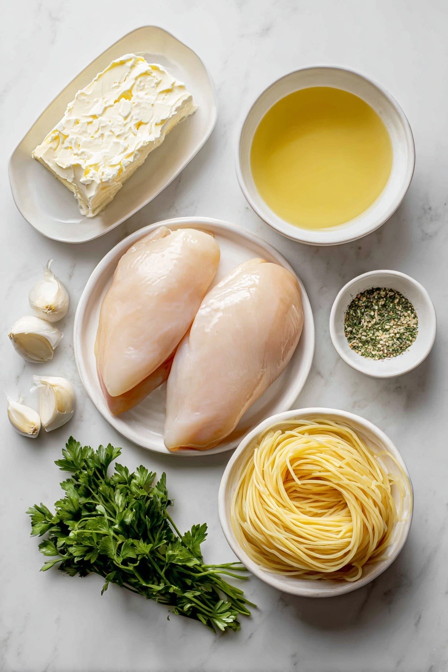 Crock Pot Angel Chicken with Creamy Sauce, crock pot angel chicken, creamy chicken pasta, easy slow cooker chicken, tender chicken with creamy sauce - Flat lay of fresh boneless, skinless chicken breasts, a half block of creamy white cream cheese softened to room temperature, a few tablespoons of smooth unsalted butter softened to room temperature, three peeled garlic cloves, a small white ceramic bowl filled with light golden vegetable oil, a small white ceramic bowl of pale yellow chicken broth, a small white ceramic bowl with smooth cream of chicken soup, a small white ceramic bowl containing dry Italian seasoning mix with visible herbs, a neatly coiled portion of delicate angel hair pasta, and a small bunch of bright green chopped fresh parsley placed on a simple white ceramic dish, all arranged symmetrically on a clean white marble surface, soft natural light, photo taken with an iPhone, professional food photography style, fresh ingredients, white ceramic bowls, no bottles, no duplicates, no utensils, no packaging --ar 2:3 --v 7 --p m7354615311229779997