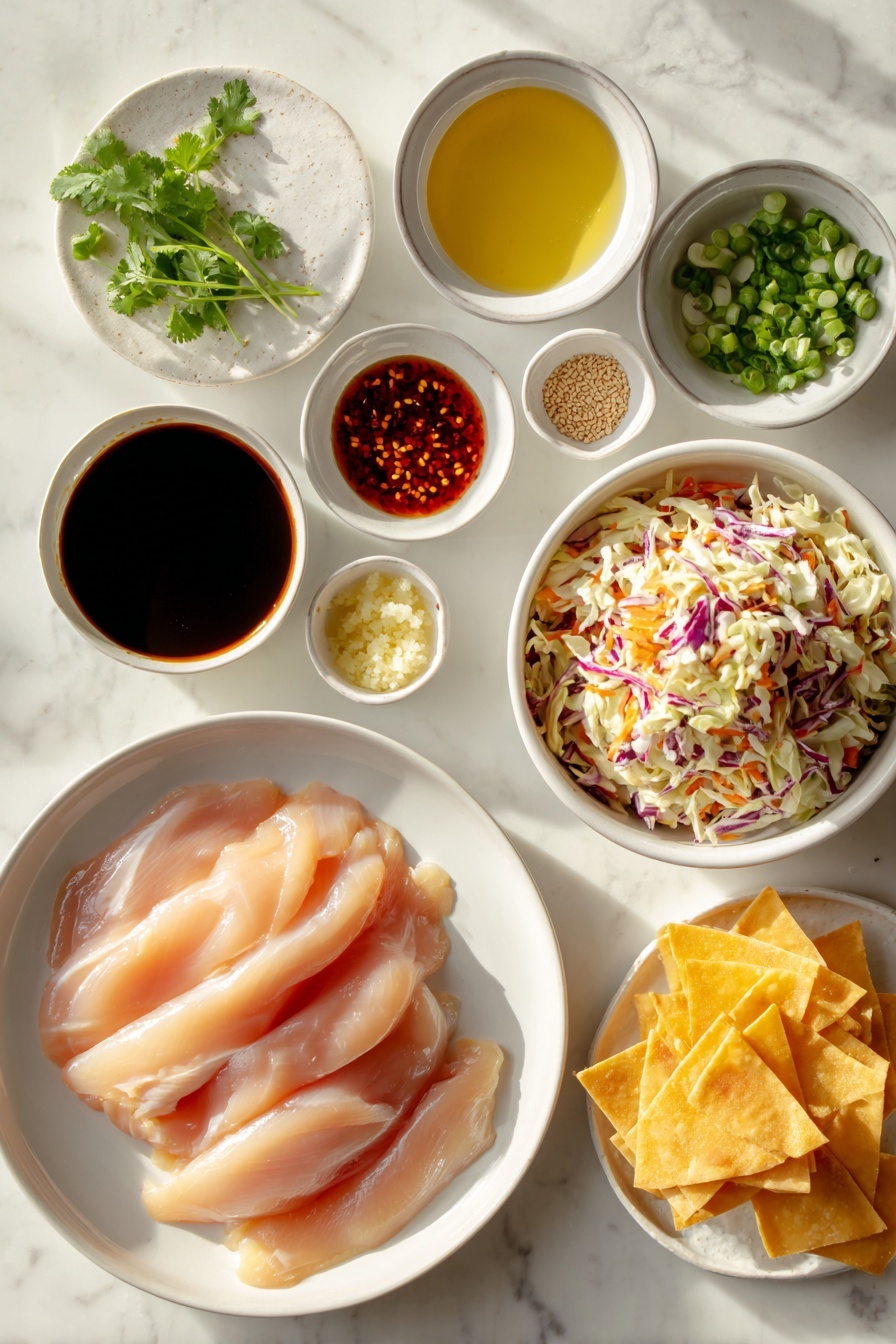 Chicken Wonton Tacos, Asian-inspired tacos, crispy wonton tacos, easy chicken taco recipes, quick appetizer ideas - Flat lay of fresh thinly sliced raw chicken breasts arranged neatly on a simple white ceramic plate, a small white bowl with dark glossy teriyaki sauce, a small white bowl holding golden sesame oil, a small white bowl filled with low sodium soy sauce, a few minced fresh garlic cloves next to a tiny heap of minced fresh ginger root, a simple white ceramic bowl containing a colorful mix of fresh coleslaw with shredded cabbage and carrots, a small white bowl with diced green onions, another small white bowl with clear rice vinegar, a small white bowl of golden honey, a stack of square golden wonton wrappers arranged in a fan shape on a plain white ceramic plate, a small white bowl with bright red sweet chili sauce, a few scattered shiny sesame seeds, and fresh sprigs of chopped vibrant green cilantro placed artfully, all placed on a clean white marble surface, soft natural light, photo taken with an iPhone, professional food photography style, fresh ingredients, white ceramic bowls, no bottles, no duplicates, no utensils, no packaging --ar 2:3 --v 7 --p m7354615311229779997