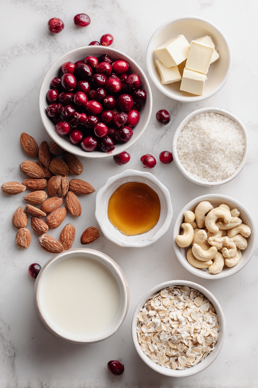 Cranberry White Chocolate Tart, festive dessert recipes, holiday tart ideas, easy tart recipes, rich dessert with cranberries and white chocolate - Flat lay of a small white ceramic bowl filled with fresh whole cranberries, a handful of whole raw almonds, a small white ceramic bowl of solid coconut oil, a small white ceramic bowl of amber maple syrup, a small mound of gluten-free oats, a small white ceramic bowl of creamy cashew milk, a small pile of raw cashews (soaked, plump and fresh), a few pieces of solid white vegan chocolate, and a small white ceramic bowl of finely powdered agar agar, all arranged in perfect symmetry on a clean white marble surface, soft natural light, photo taken with an iPhone, professional food photography style, fresh ingredients, white ceramic bowls, no bottles, no duplicates, no utensils, no packaging --ar 2:3 --v 7 --p m7354615311229779997