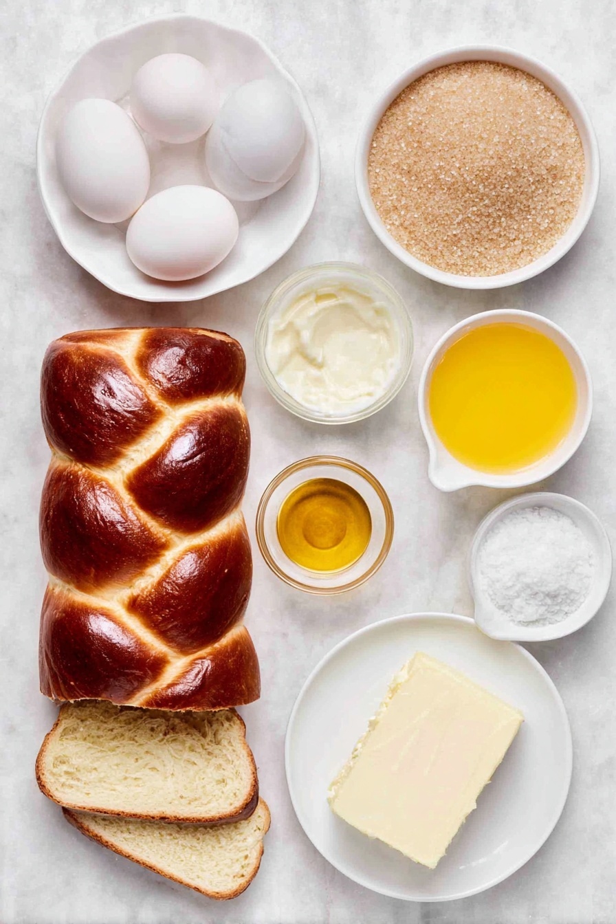 Baked Brioche French Toast Casserole, French Toast Casserole, Brunch Recipes, Breakfast Ideas, Easy Breakfast Casserole - Flat lay of a thick loaf of brioche bread sliced into triangles arranged neatly, four large clean eggs with uncracked shells, a small white ceramic bowl filled with light brown sugar crystals, a few fresh orange zests curled beside a small white bowl of bright orange juice, a small white bowl holding golden vanilla extract, a tiny pile of fine salt grains, a small white bowl of creamy milk, a smooth pat of pale butter on a simple white dish, and a small white bowl containing coarse demerara sugar crystals, all placed on a clean white marble surface, soft natural light, photo taken with an iPhone, professional food photography style, fresh ingredients, white ceramic bowls, no bottles, no duplicates, no utensils, no packaging --ar 2:3 --v 7 --p m7354615311229779997