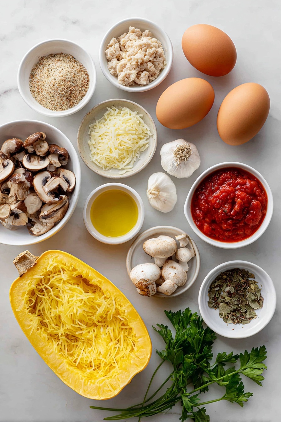 Chicken Spinach Meatballs with Spaghetti Squash, healthy chicken meatballs, spinach meatball recipes, low-carb spaghetti squash dinner, easy healthy dinner ideas - Flat lay of two whole uncracked brown eggs, a small white bowl of dry bread crumbs, a small mound of grated Parmesan cheese, a few dried minced onion flakes, one fresh garlic clove, a small pinch of salt crystals, a small pinch of black peppercorns, a portion of raw ground chicken, one medium spaghetti squash halved lengthwise showing vibrant yellow strands, a small white bowl of sliced fresh brown mushrooms, a small white bowl of olive oil, a small white bowl of diced fresh tomatoes, a small white bowl of smooth tomato sauce, a few sprigs of fresh green parsley, a small bunch of fresh garlic cloves, a small pile of dried oregano leaves, a small pile of dried basil leaves, all arranged symmetrically and balanced on simple white ceramic bowls and plates placed on a clean white marble surface, soft natural light, photo taken with an iPhone, professional food photography style, fresh ingredients, white ceramic bowls, no bottles, no duplicates, no utensils, no packaging --ar 2:3 --v 7 --p m7354615311229779997