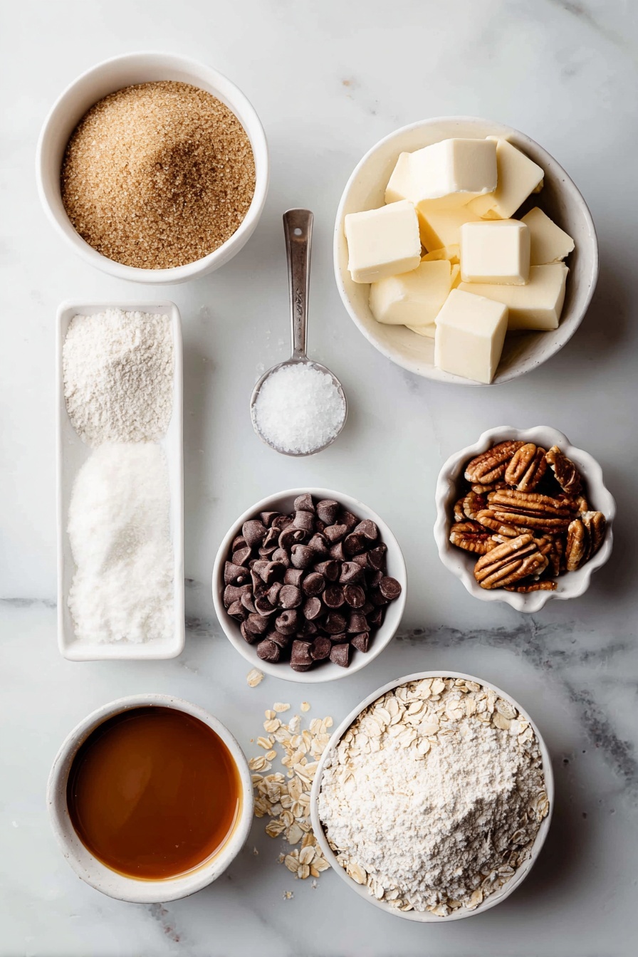 Gooey Chocolate Caramel Bars, chocolate caramel bars recipe, easy caramel bars, melt-in-your-mouth dessert, layered caramel bars - Flat lay of a small mound of all-purpose flour, a small white ceramic bowl filled with quick-cooking oats, a small white bowl with packed brown sugar, a teaspoon of baking soda in a neat pile, a small heap of salt, several cold butter cubes arranged neatly, a small white bowl of semisweet chocolate chips, a small white bowl of chopped pecans, and a small white bowl of smooth caramel sauce, all ingredients fresh and natural, placed on a clean white marble surface, soft natural light, photo taken with an iPhone, professional food photography style, fresh ingredients, white ceramic bowls, no bottles, no duplicates, no utensils, no packaging --ar 2:3 --v 7 --p m7354615311229779997
