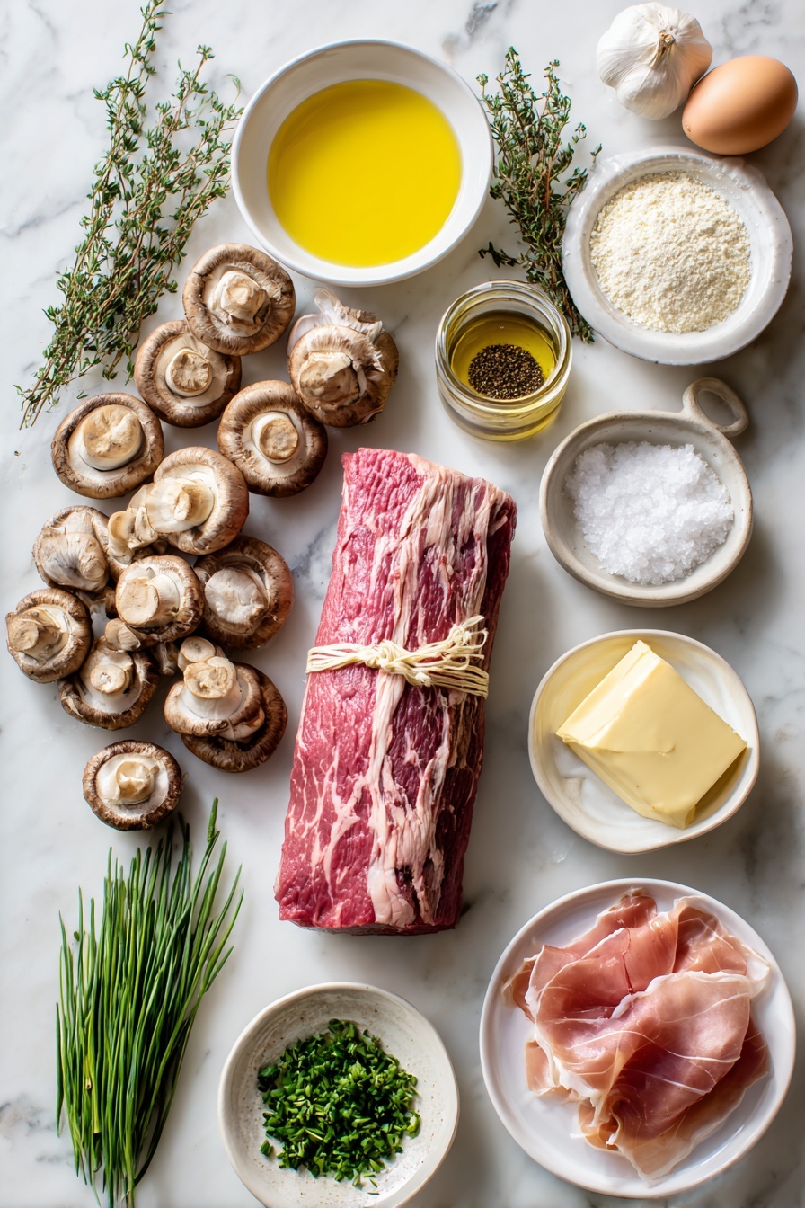 Best Beef Wellington, Beef Wellington, Beef Wellington recipe, Homemade Beef Wellington, Perfect Beef Wellington - Flat lay of a whole center-cut beef tenderloin tied with butcher’s twine, a small mound of kosher salt crystals, a small pile of freshly ground black pepper, a small white ceramic bowl of golden olive oil, a small white ceramic bowl of pale yellow Dijon mustard, a mix of fresh button, cremini, shiitake, and portobello mushrooms roughly chopped, two medium shallots roughly chopped, a few fresh thyme sprigs with bright green leaves, four whole garlic cloves with skins on, a small white ceramic bowl of salted butter, twelve thin slices of pink prosciutto arranged overlapping, a neat pile of white all-purpose flour, a sheet of thawed pale yellow puff pastry, one whole uncracked large brown egg, a small heap of coarse flaky sea salt crystals, and a bunch of fresh finely minced chives with bright green stems—all arranged symmetrically on simple white ceramic dishes and plates—placed on a clean white marble surface, soft natural light, photo taken with an iPhone, professional food photography style, fresh ingredients, white ceramic bowls, no bottles, no duplicates, no utensils, no packaging --ar 2:3 --v 7 --p m7354615311229779997